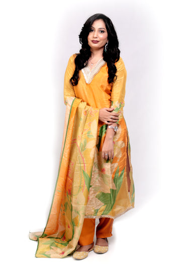 Floral Tissue Salwar Set - Orangish Yellow