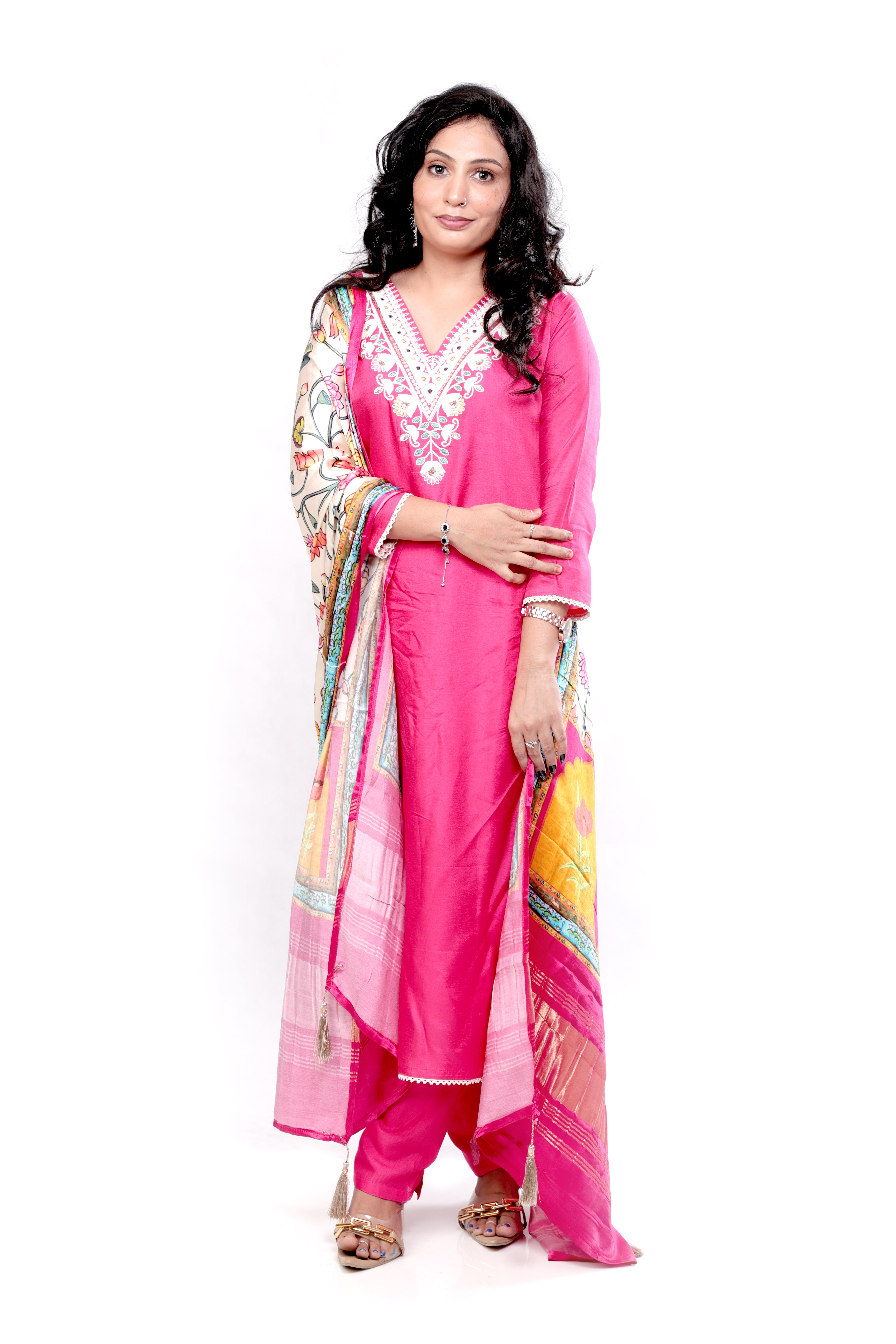 Embroidered Silk Salwar Set - Hot Pink