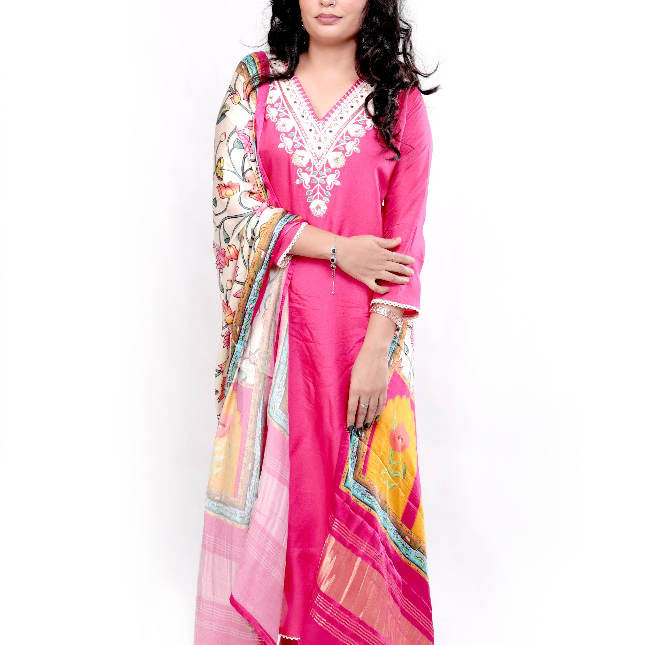 Embroidered Silk Salwar Set - Hot Pink