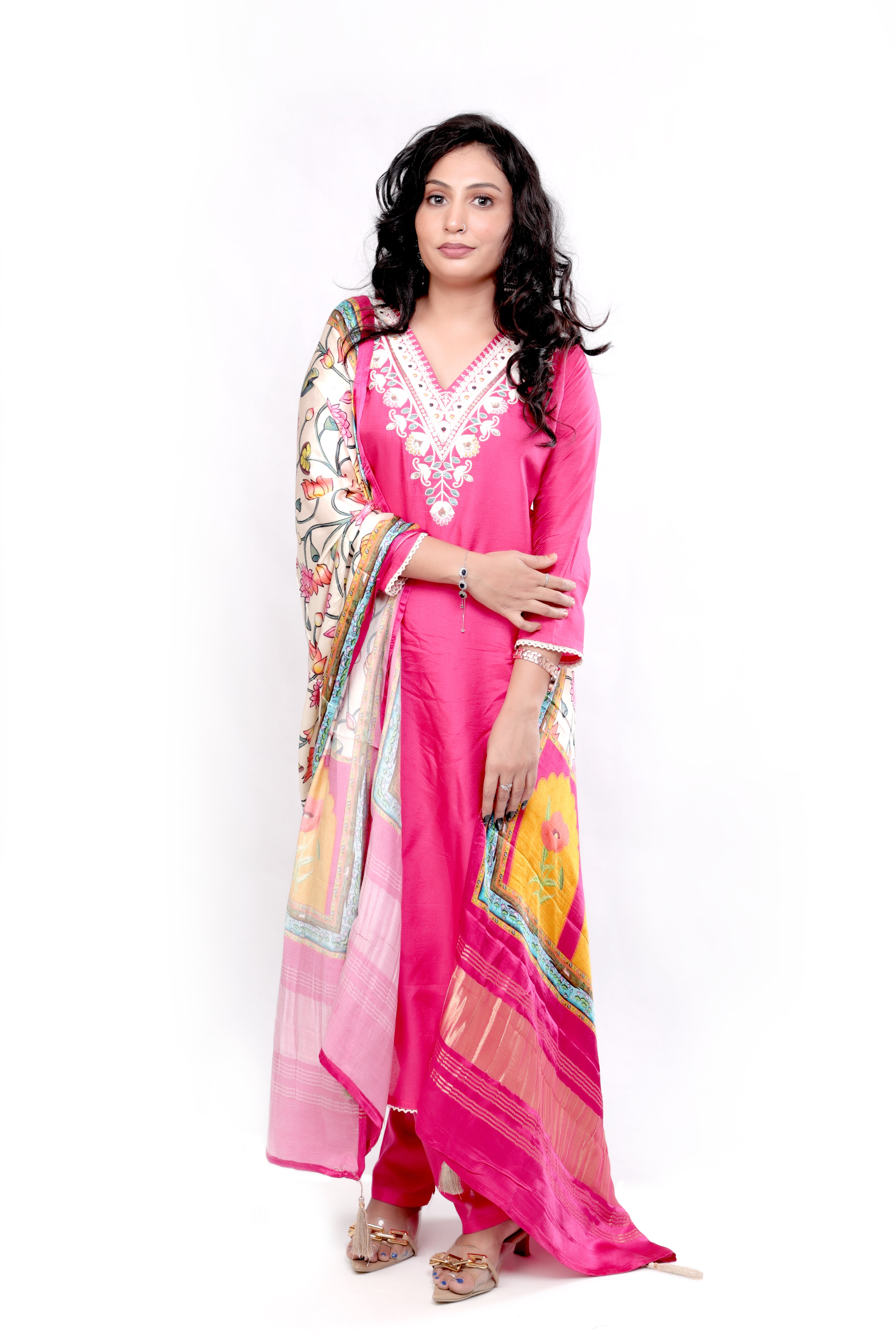 Embroidered Silk Salwar Set - Hot Pink