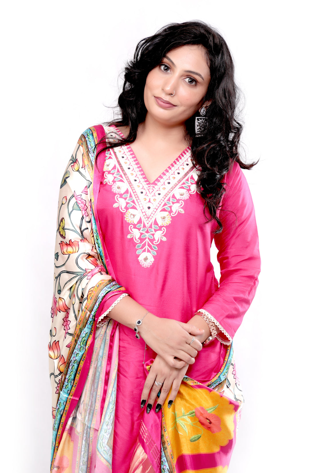 Embroidered Silk Salwar Set - Hot Pink