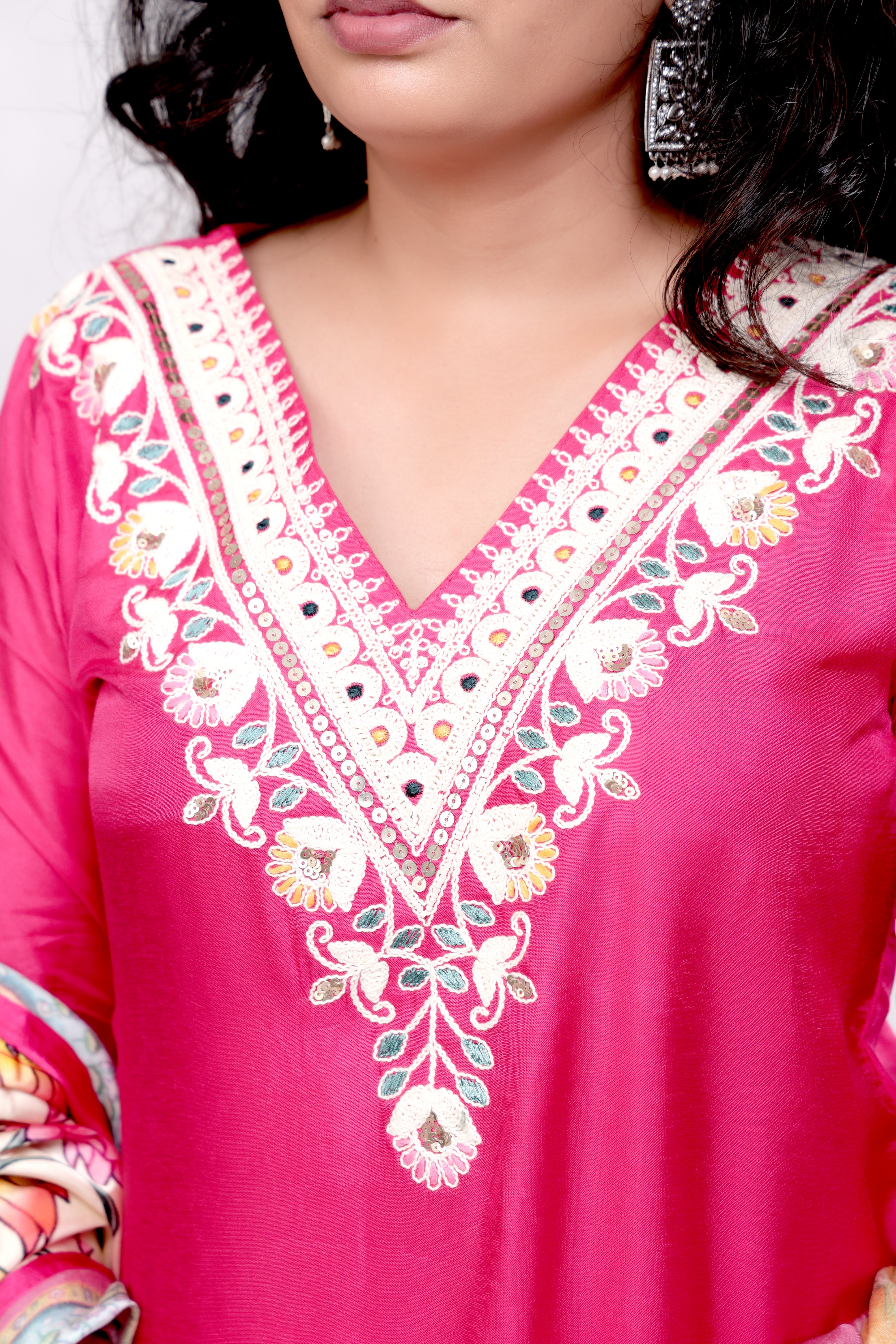 Embroidered Silk Salwar Set - Hot Pink