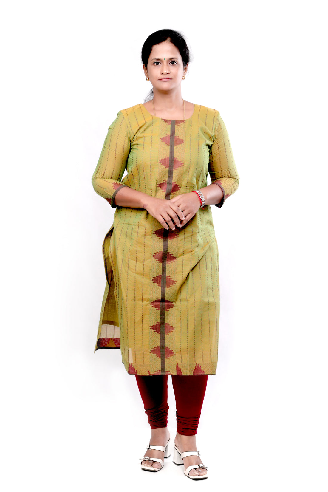 Handloom Striped Cotton Straight cut Kurti - Yellowish Green