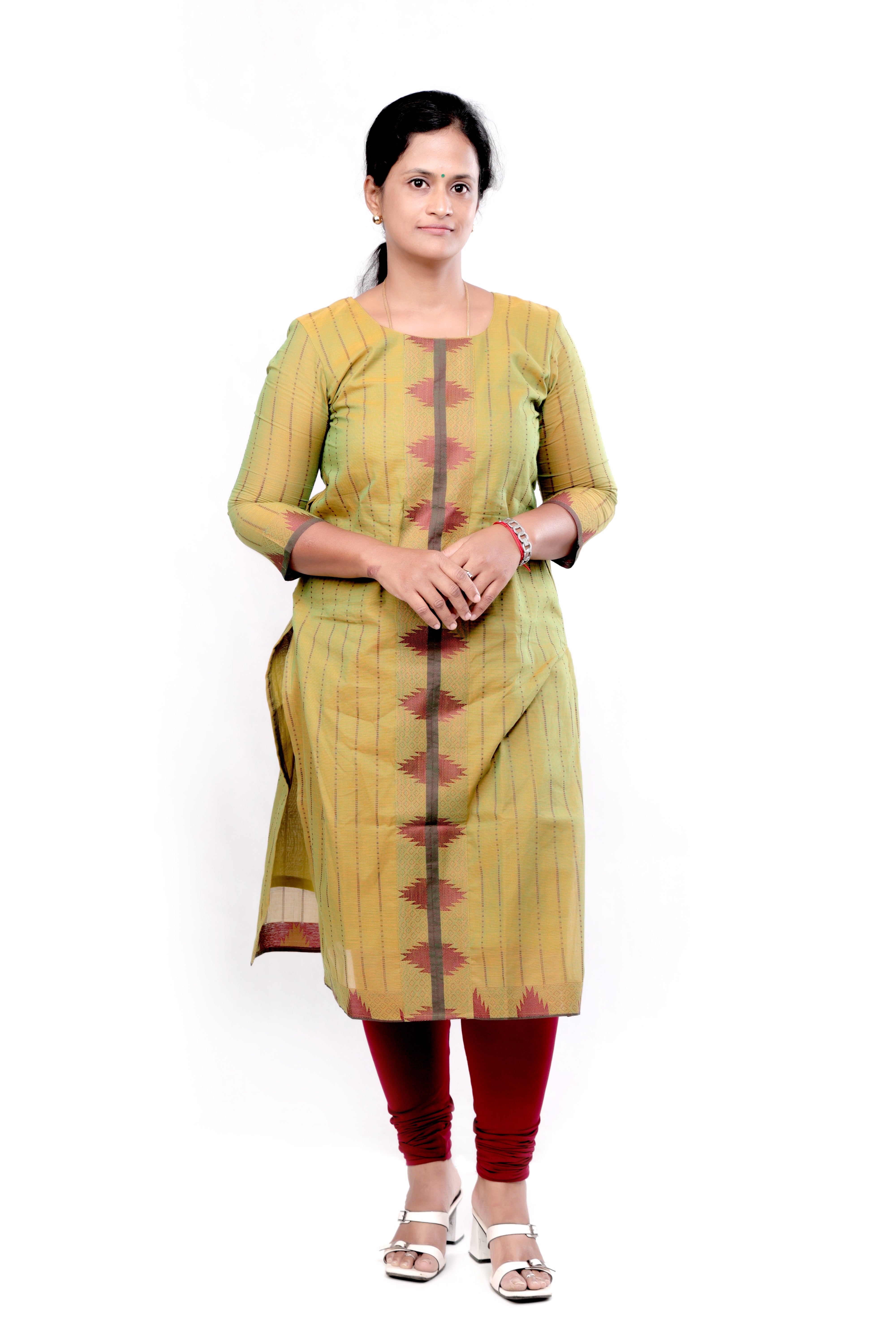 Handloom Striped Cotton Straight cut Kurti - Yellowish Green