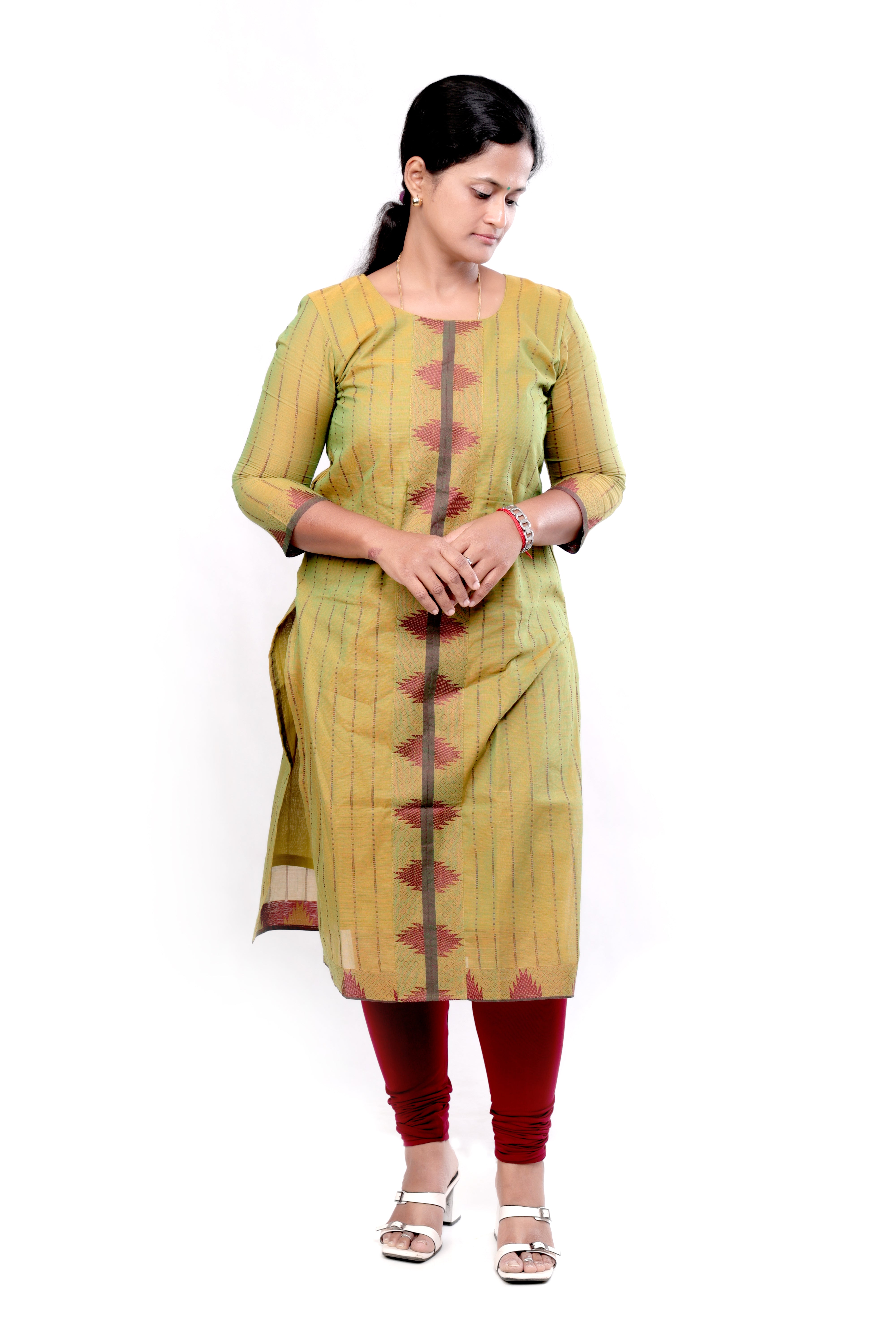 Handloom Striped Cotton Straight cut Kurti - Yellowish Green