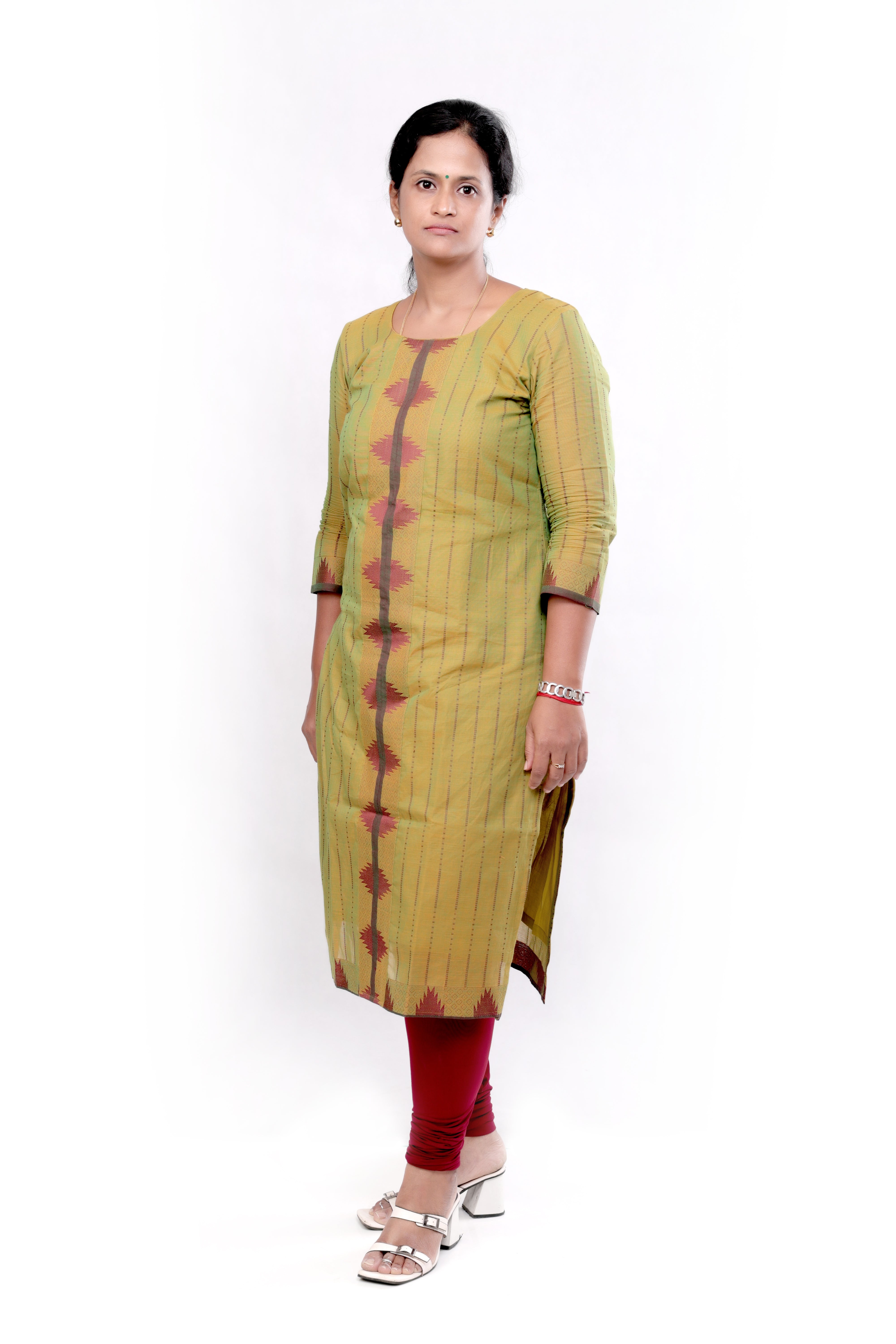Handloom Striped Cotton Straight cut Kurti - Yellowish Green