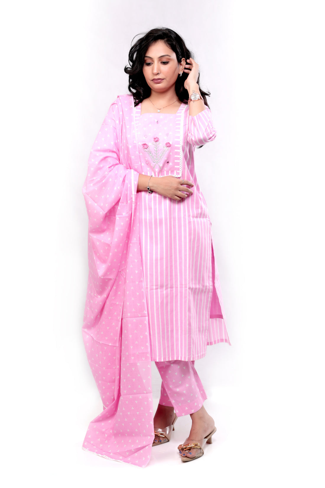 Comfortable Cotton Striped Salwar set - Pink