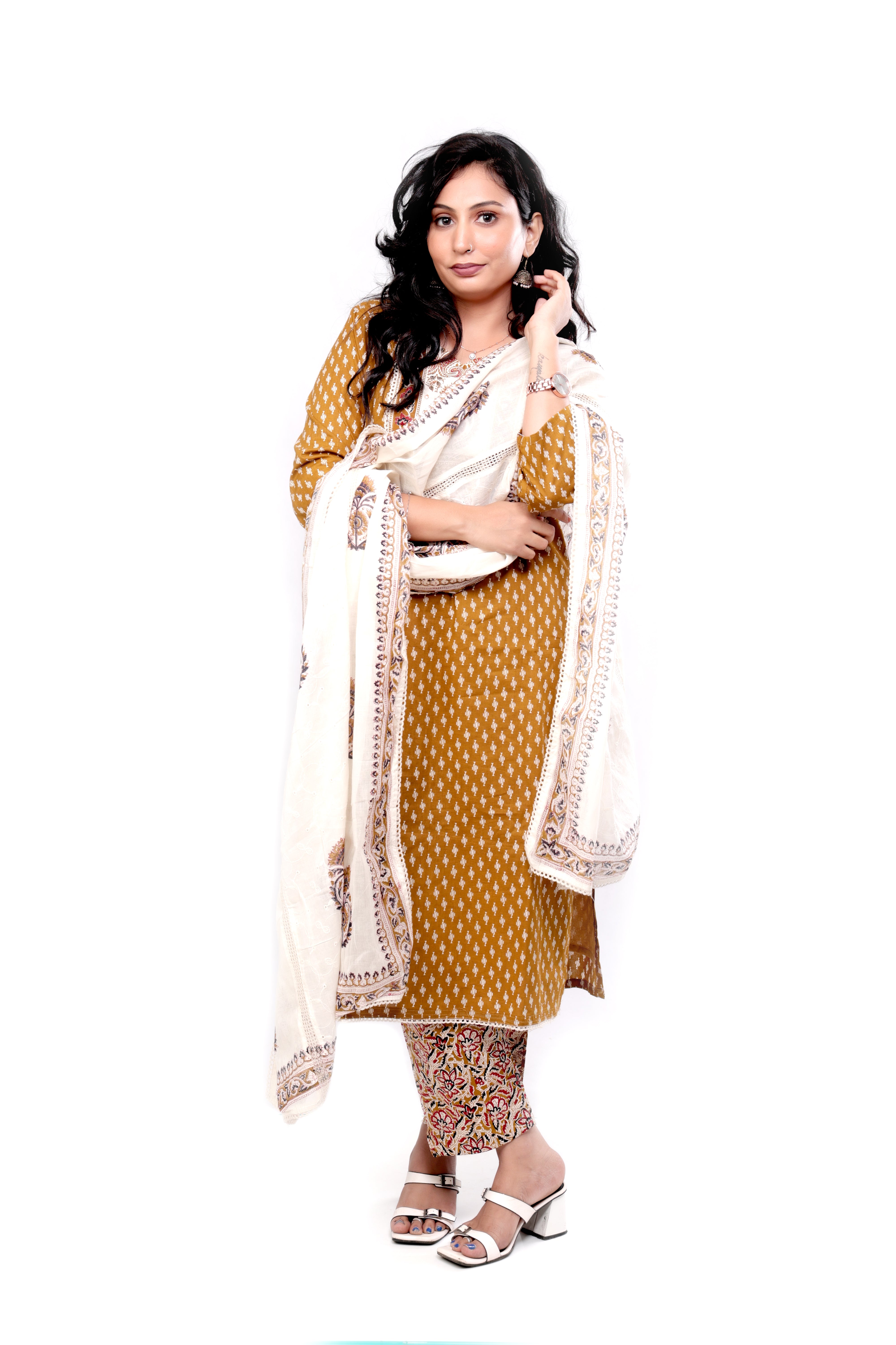 Mustard Printed Cotton Chikankari Dupatta Salwar set