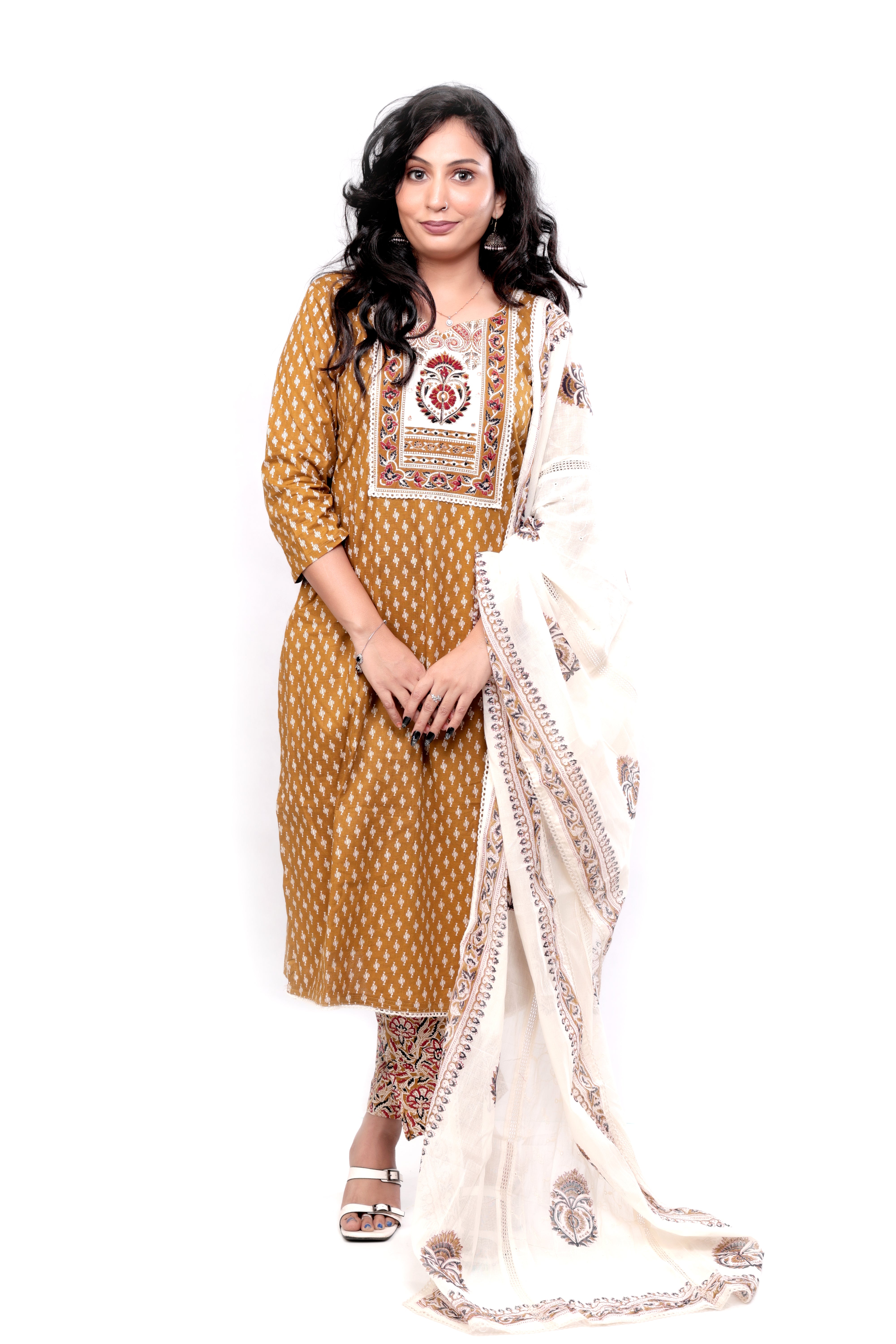 Mustard Printed Cotton Chikankari Dupatta Salwar set