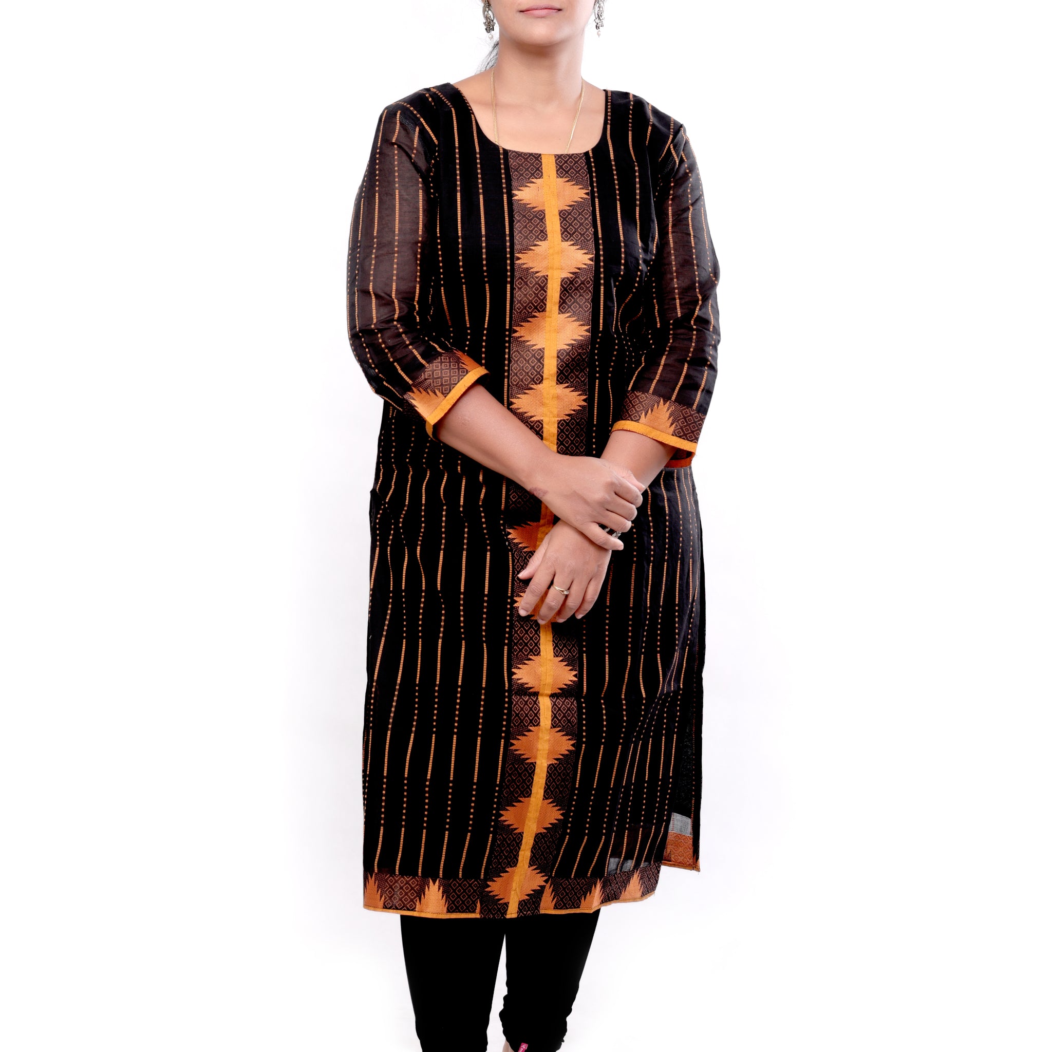 Handloom Striped Straight cut Cotton Kurti - Black