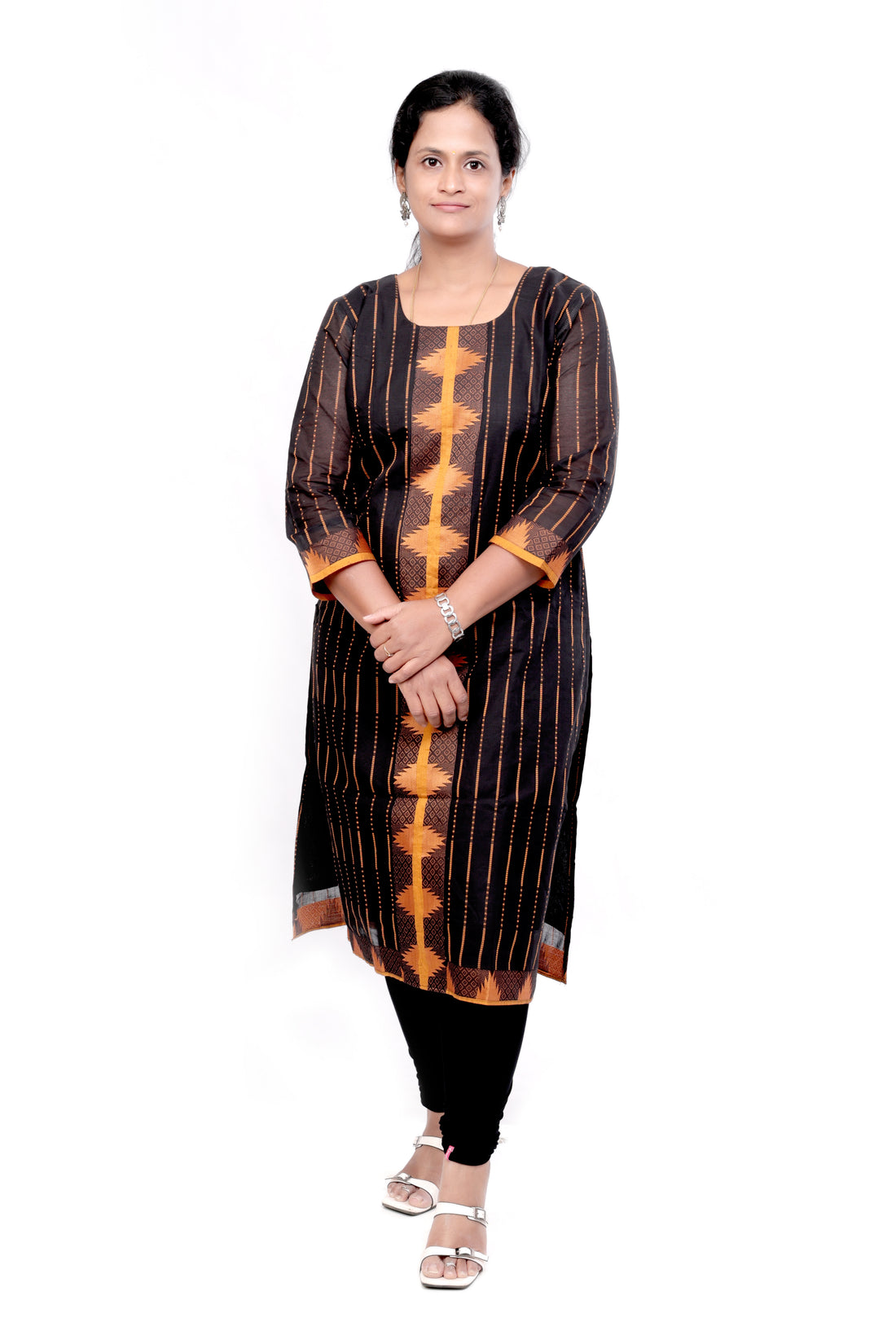Handloom Striped Straight cut Cotton Kurti - Black