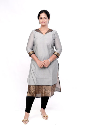 Handloom Cotton Straight cut Kurti - Grey