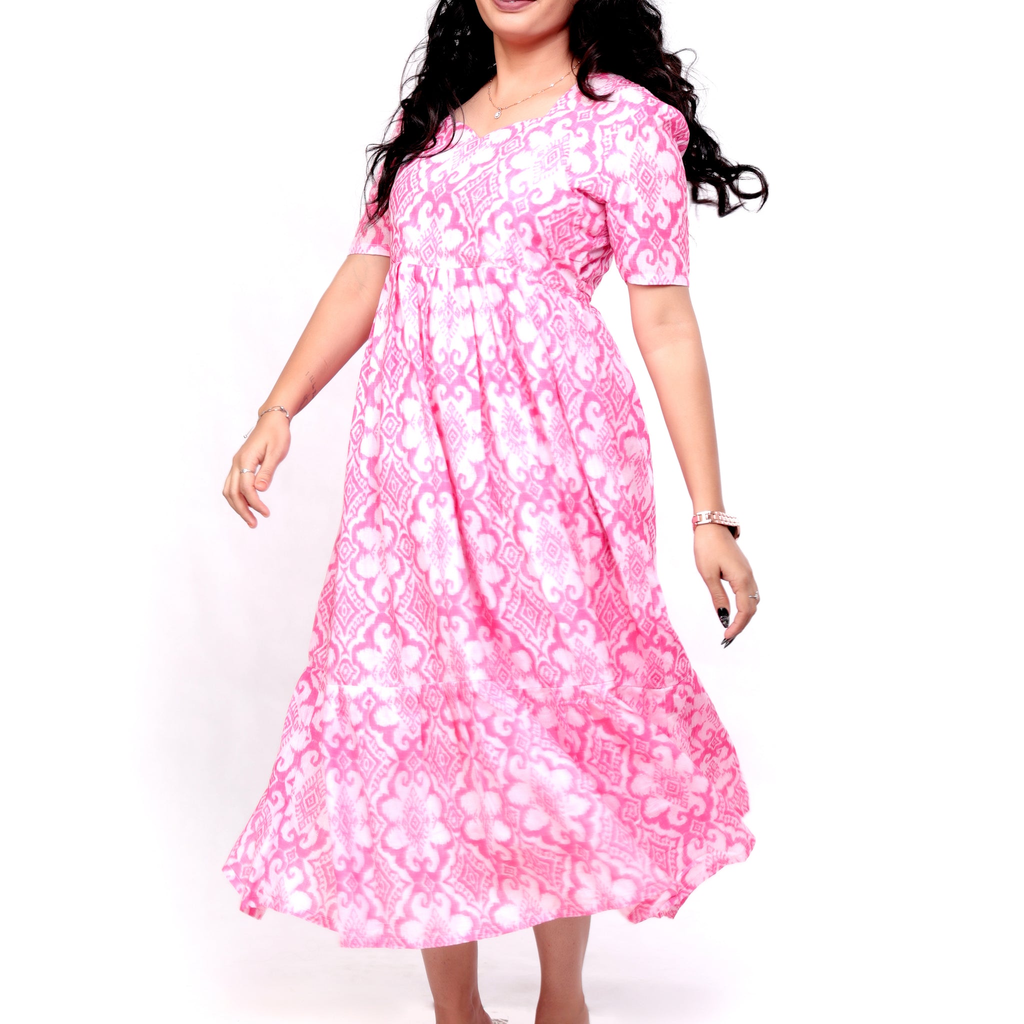 Ikat Print Soft Slub Cotton Maxi Dress - White and Pink