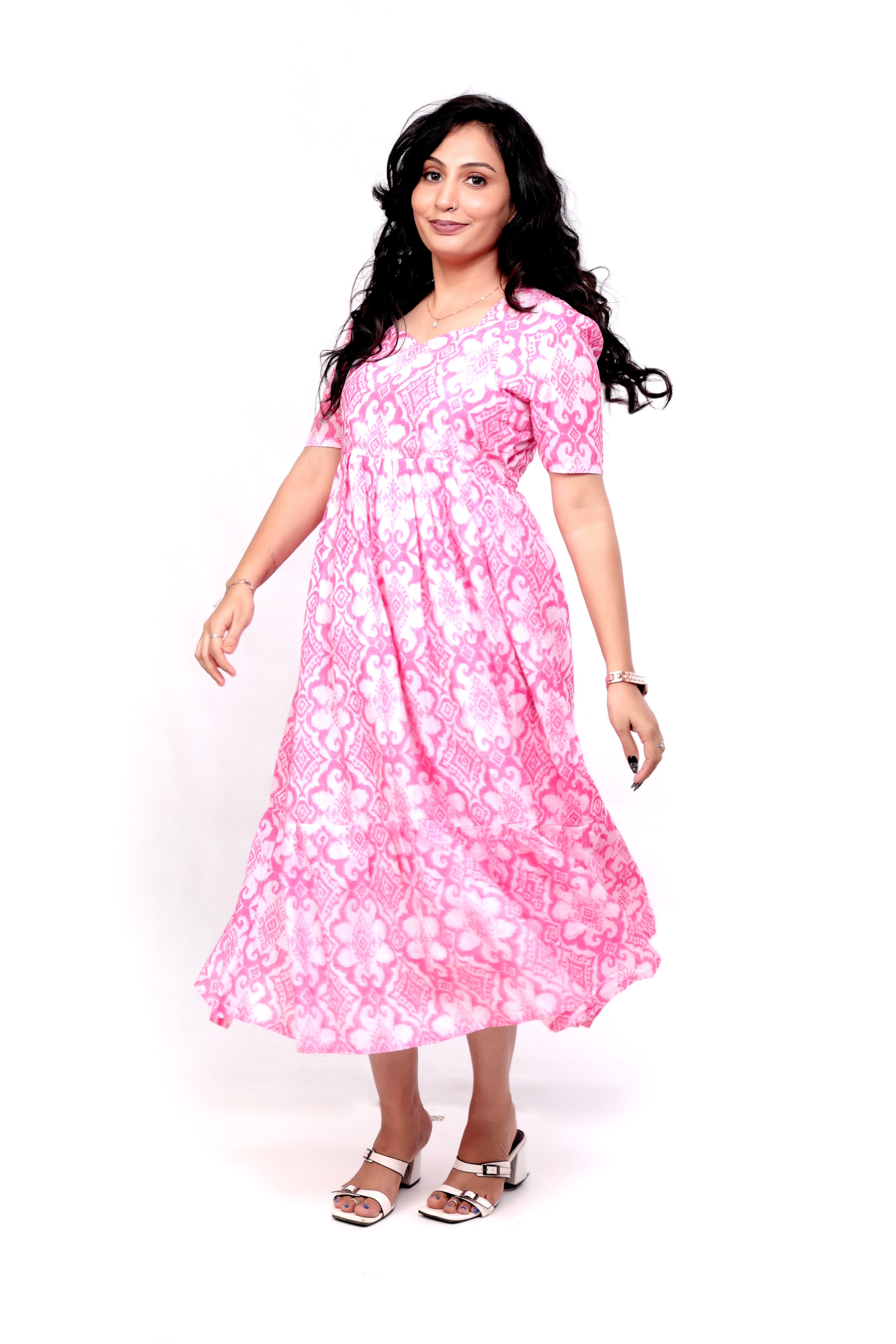 Ikat Print Soft Slub Cotton Maxi Dress - White and Pink