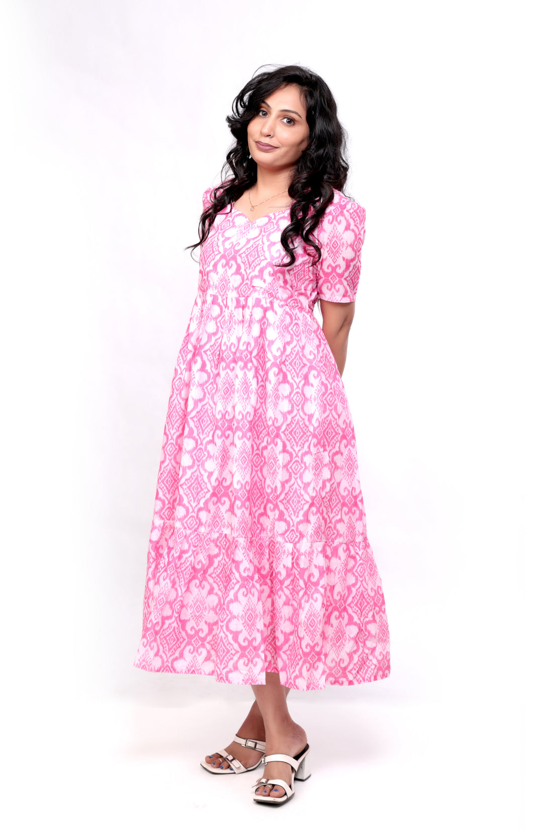 Ikat Print Soft Slub Cotton Maxi Dress - White and Pink