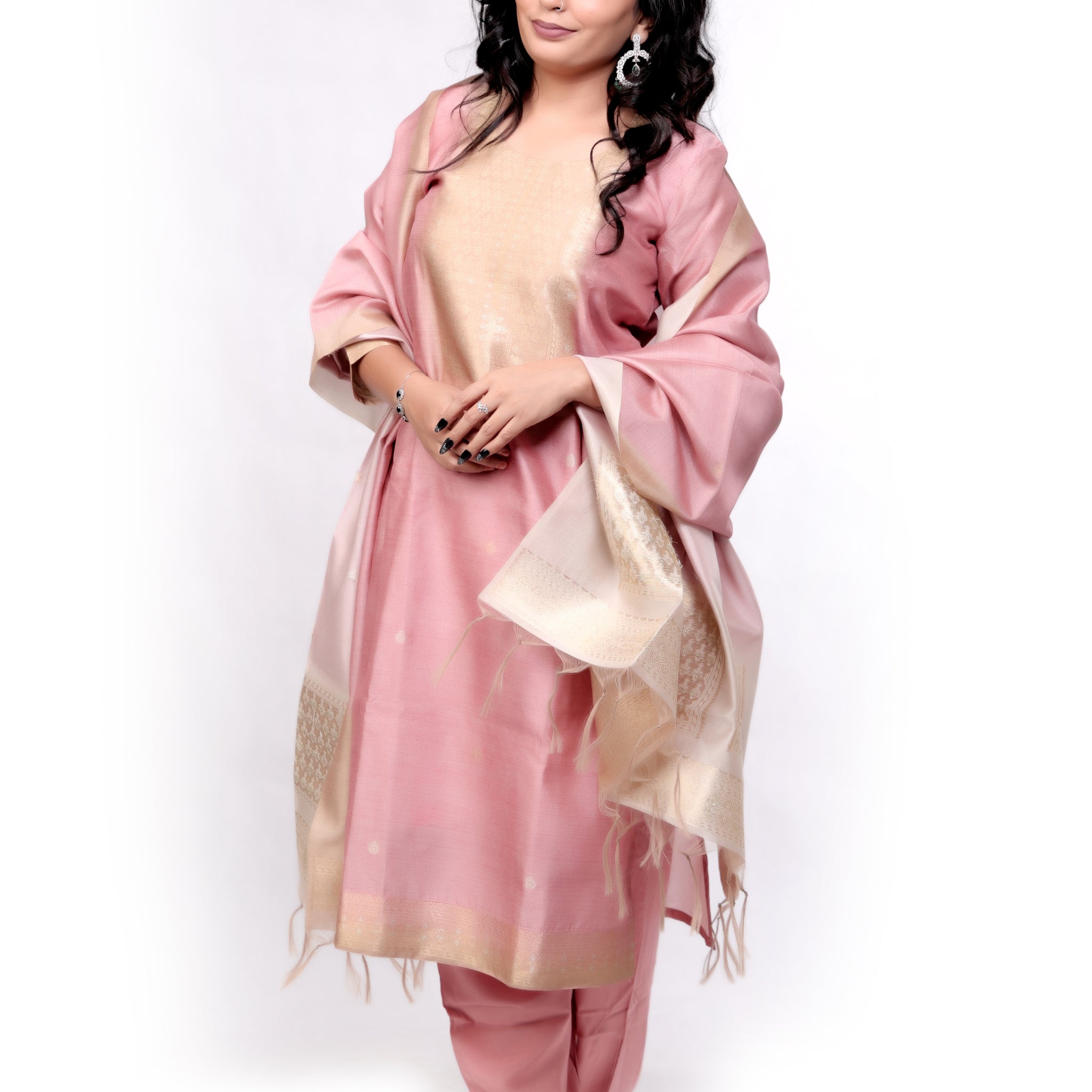 Elegant Tussar with Jamdani design Salwar set - Peach