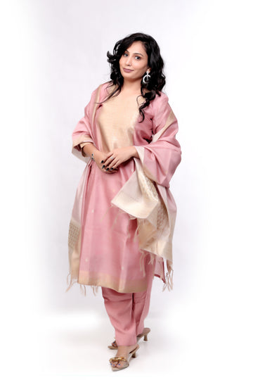 Elegant Tussar with Jamdani design Salwar set - Peach