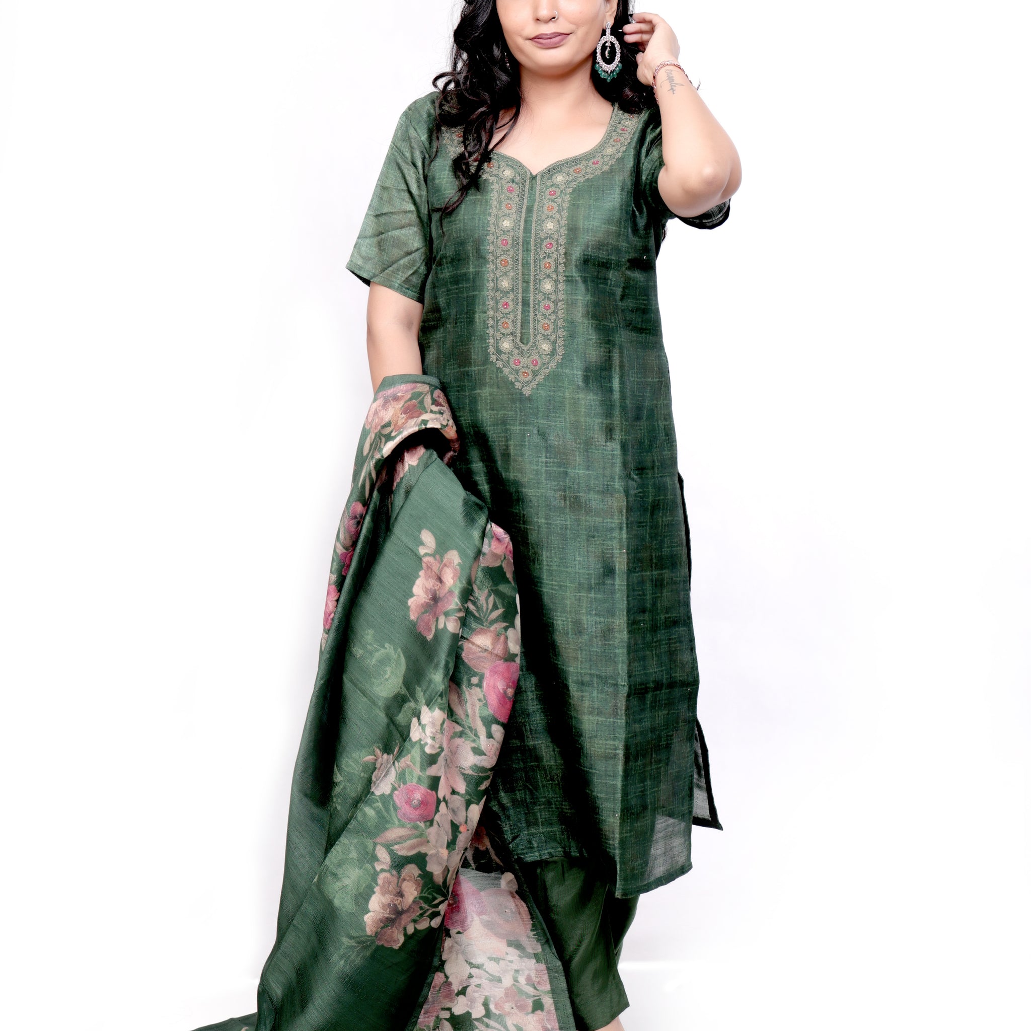 Embroidered Raw Silk Salwar set with Printed Dupatta - Green