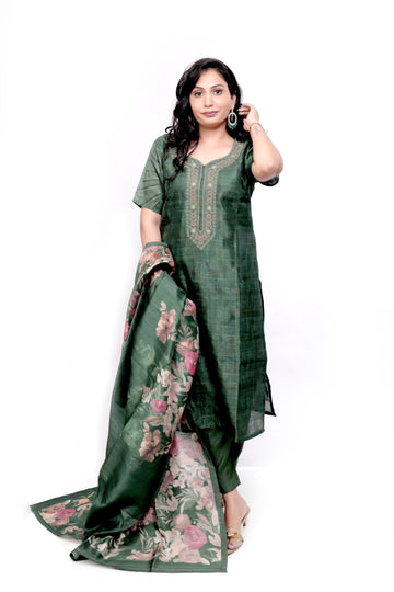 Embroidered Raw Silk Salwar set with Printed Dupatta - Green