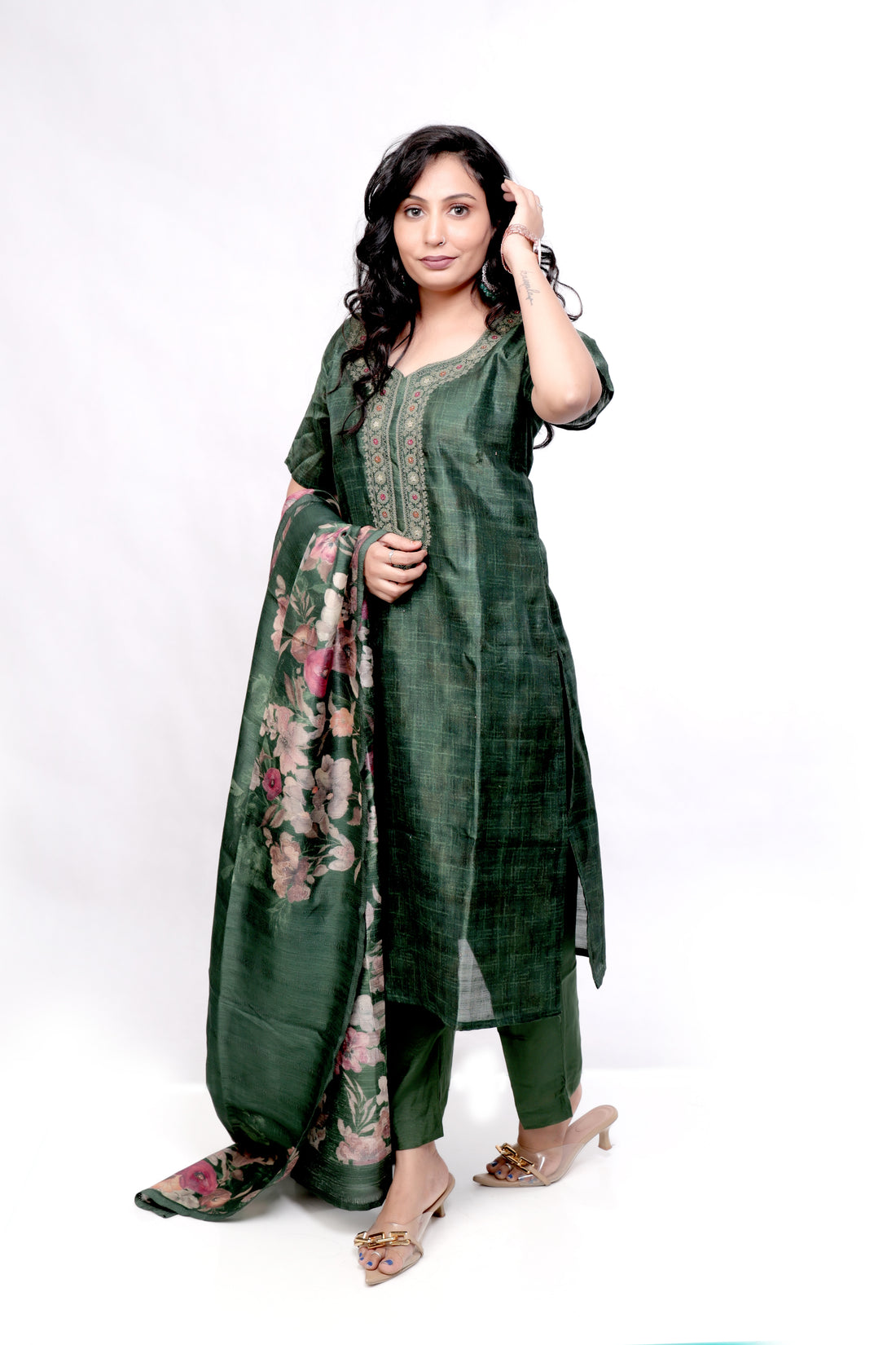 Embroidered Raw Silk Salwar set with Printed Dupatta - Green