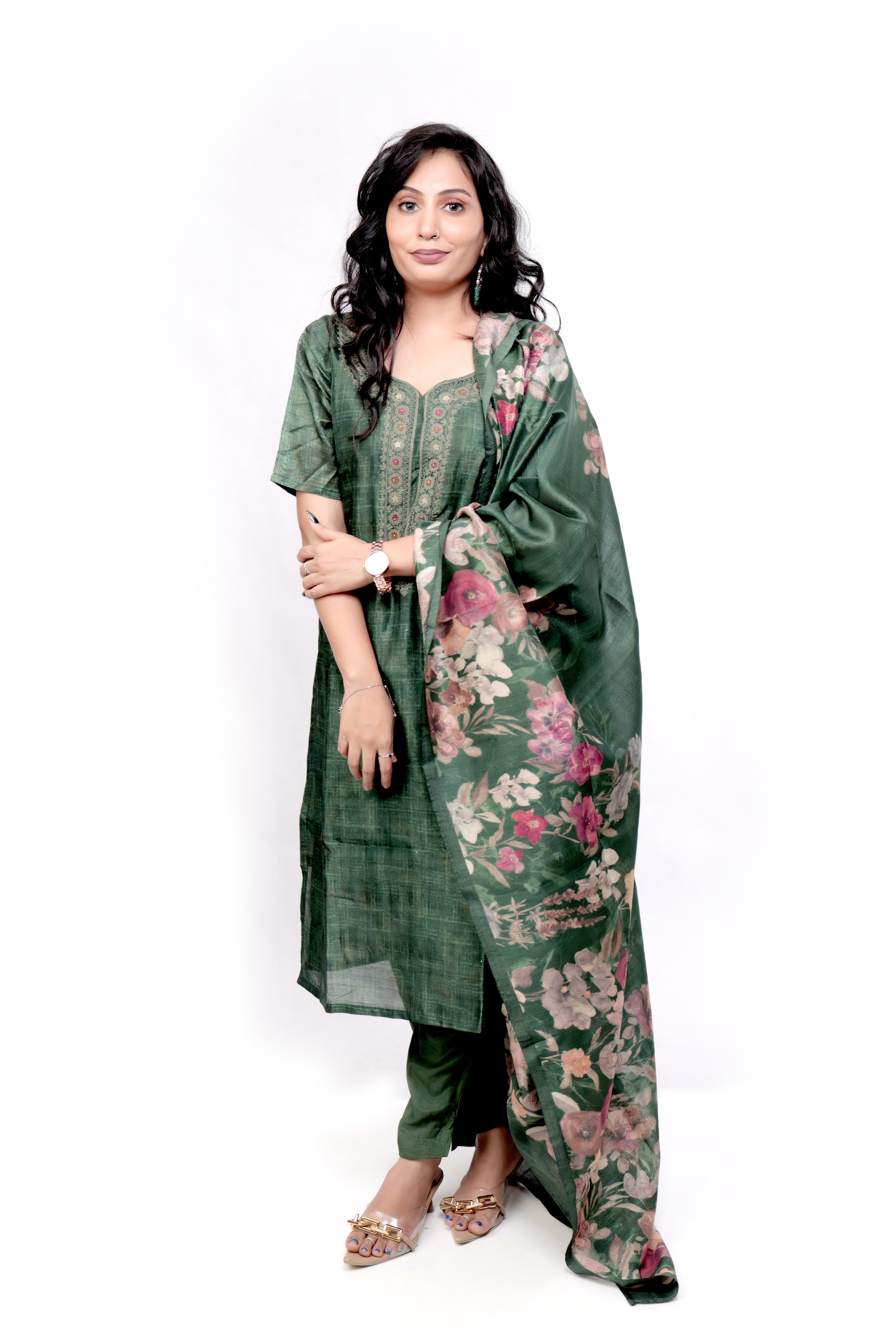 Embroidered Raw Silk Salwar set with Printed Dupatta - Green