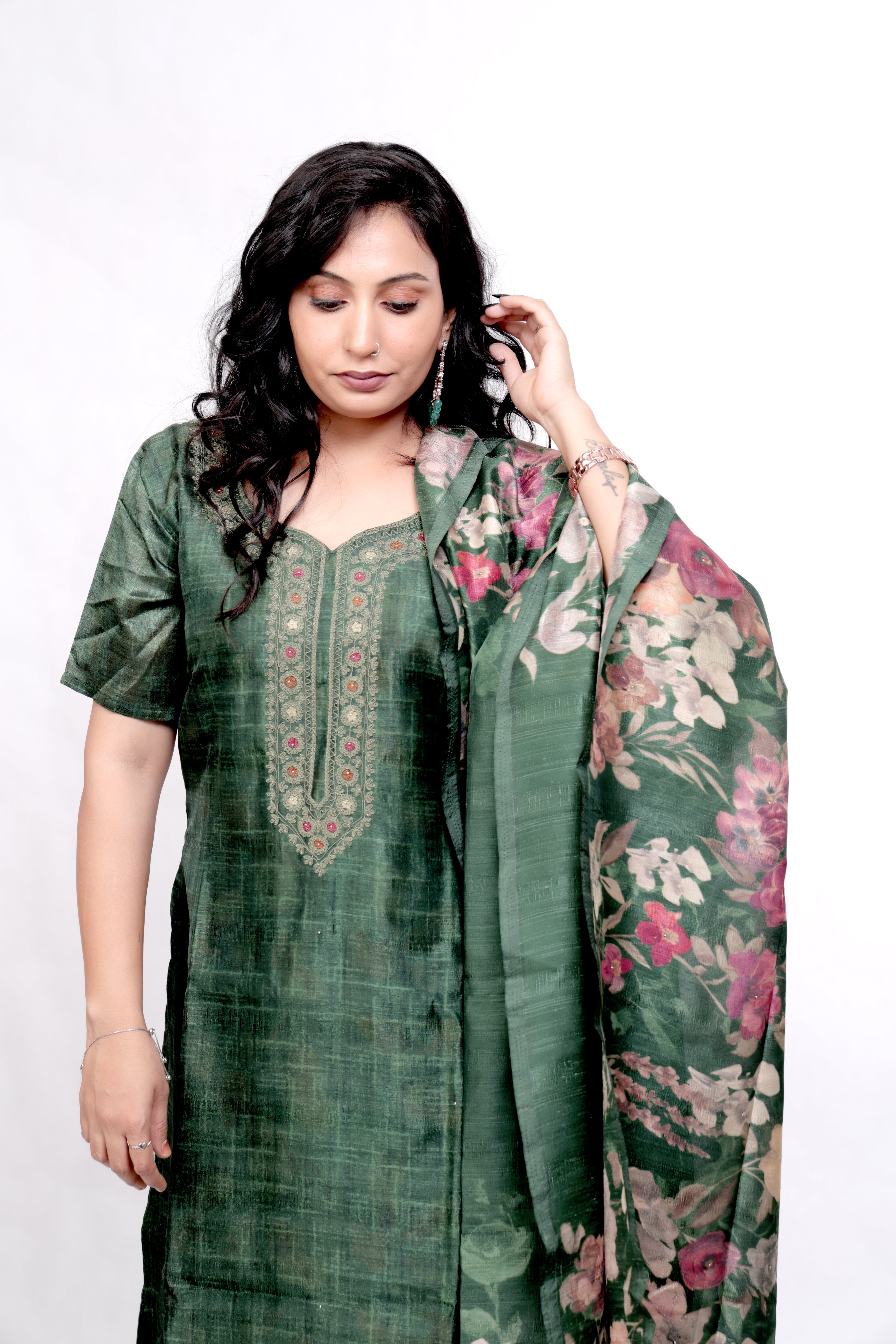 Embroidered Raw Silk Salwar set with Printed Dupatta - Green