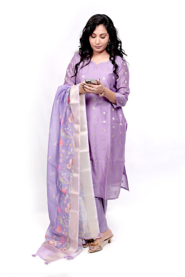 Chanderi Salwar set with Printed Dupatta - Lavender