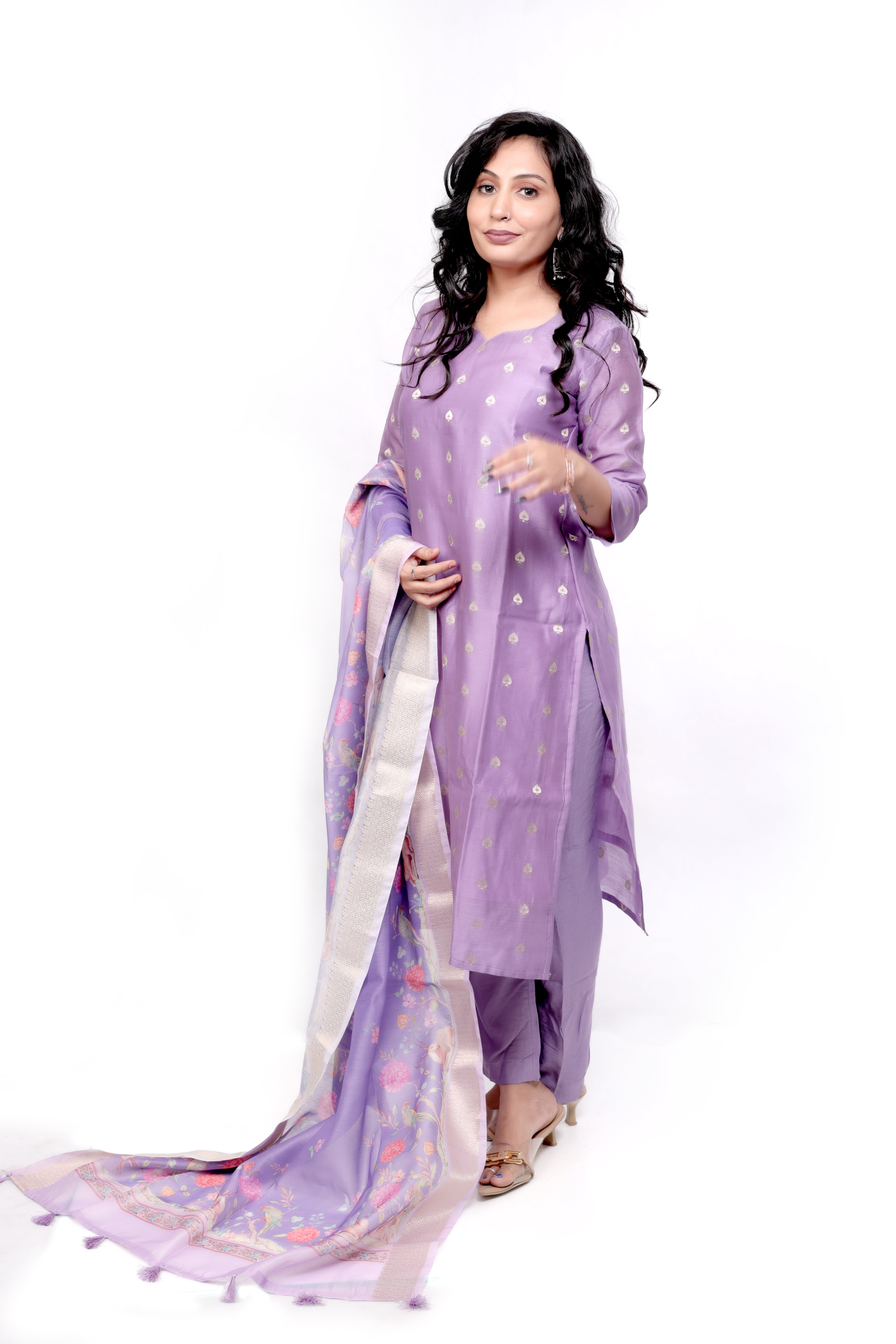 Chanderi Salwar set with Printed Dupatta - Lavender