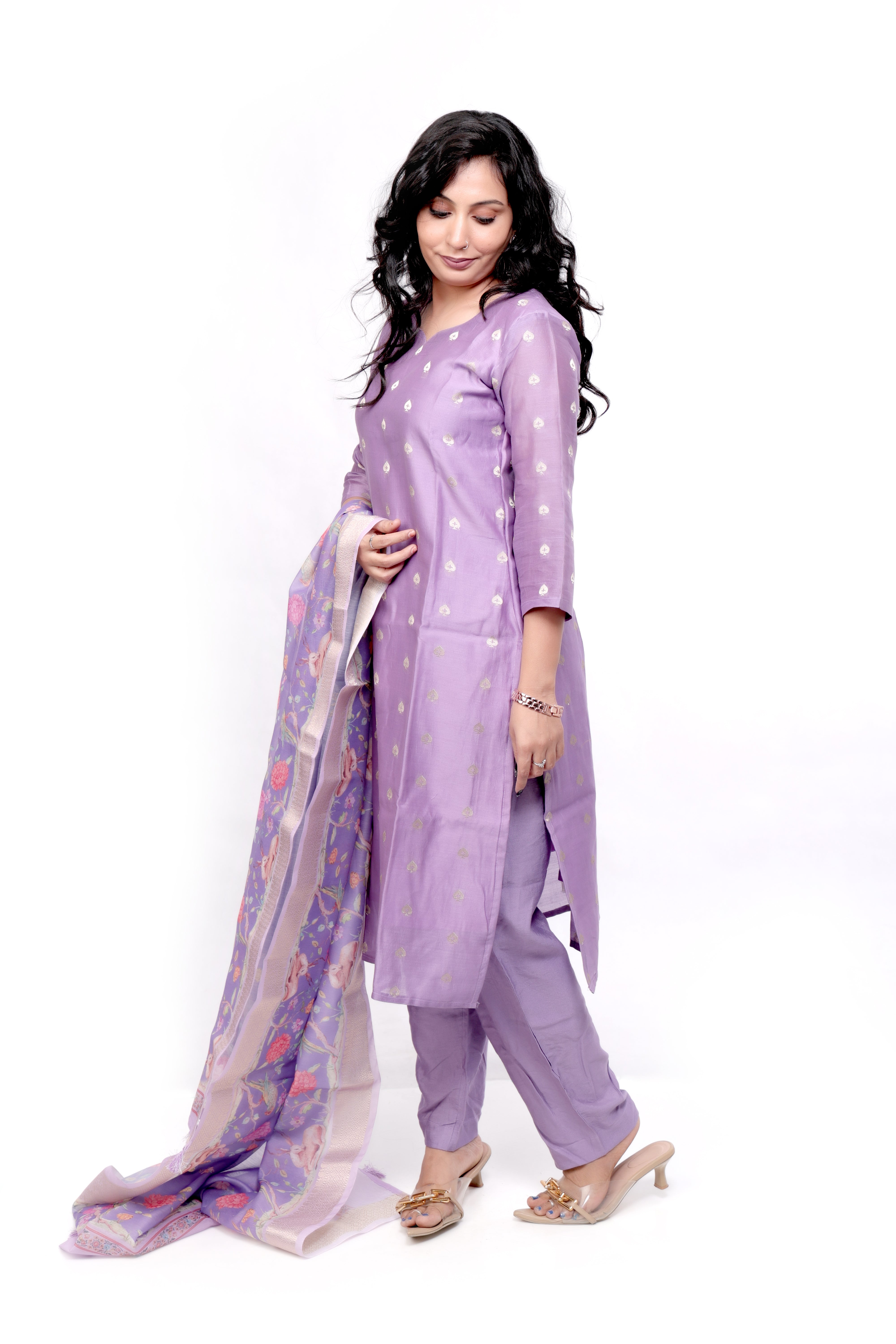 Chanderi Salwar set with Printed Dupatta - Lavender