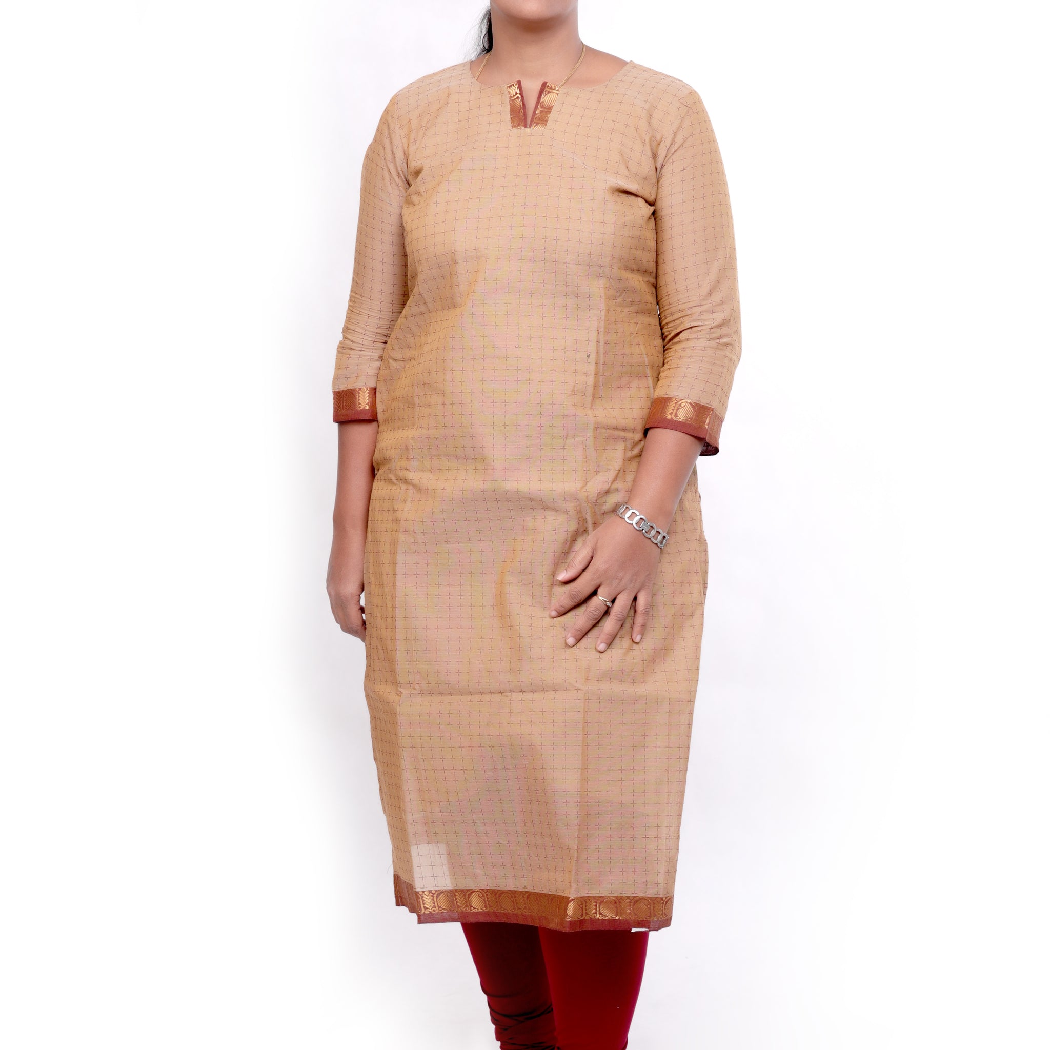 Handloom Cotton Kurti with Zari Detailing - Beige