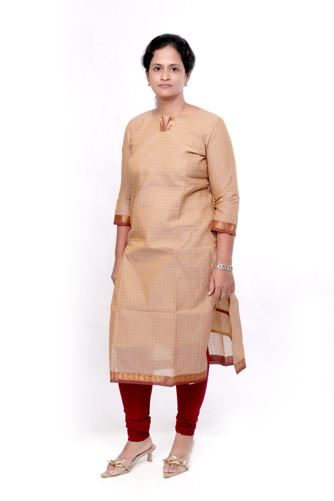 Handloom Cotton Kurti with Zari Detailing - Beige