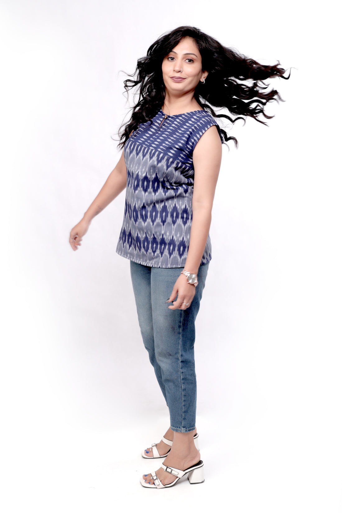 Woven Ikat Cotton Sleeveless Top - Navy Blue
