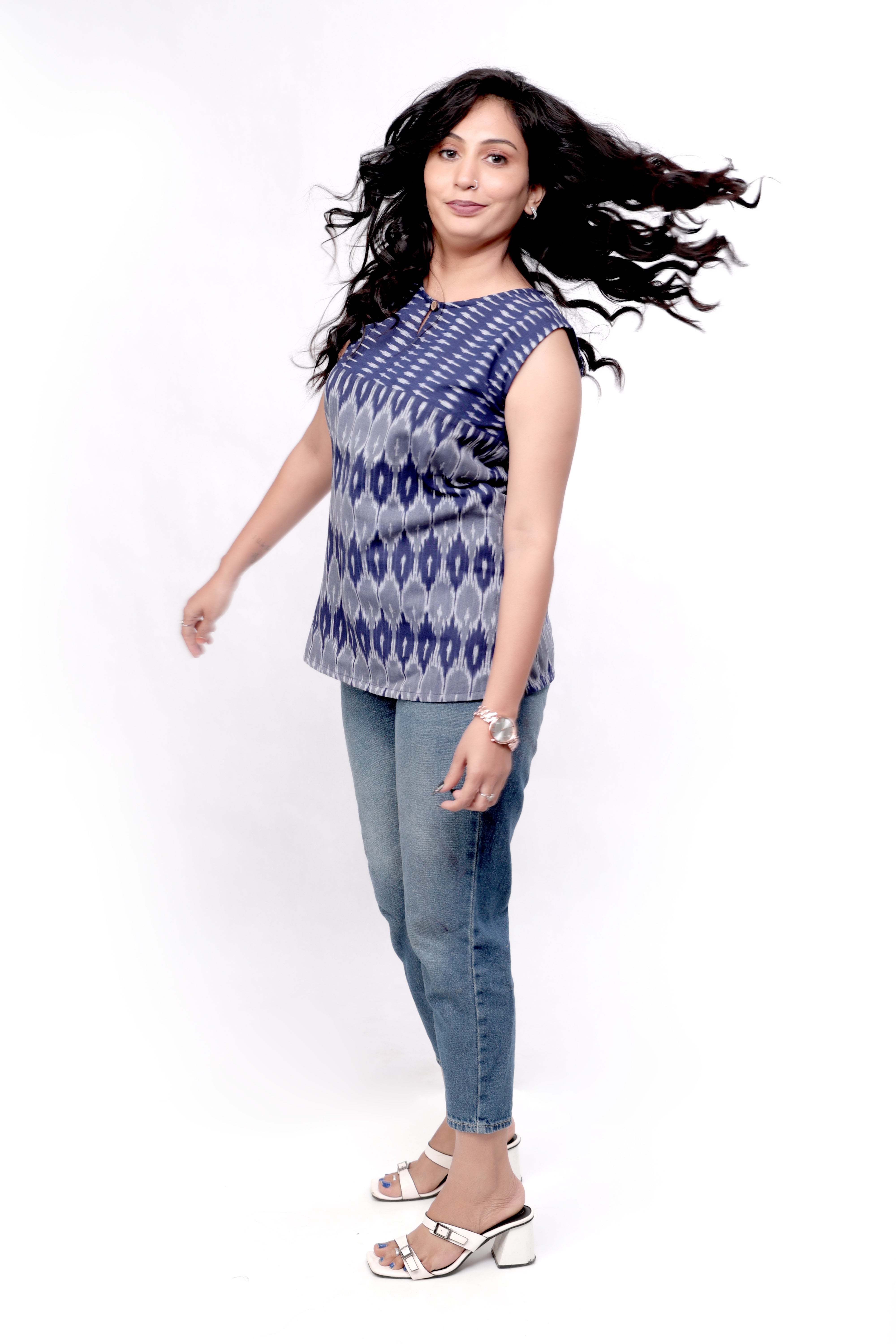 Woven Ikat Cotton Sleeveless Top - Navy Blue