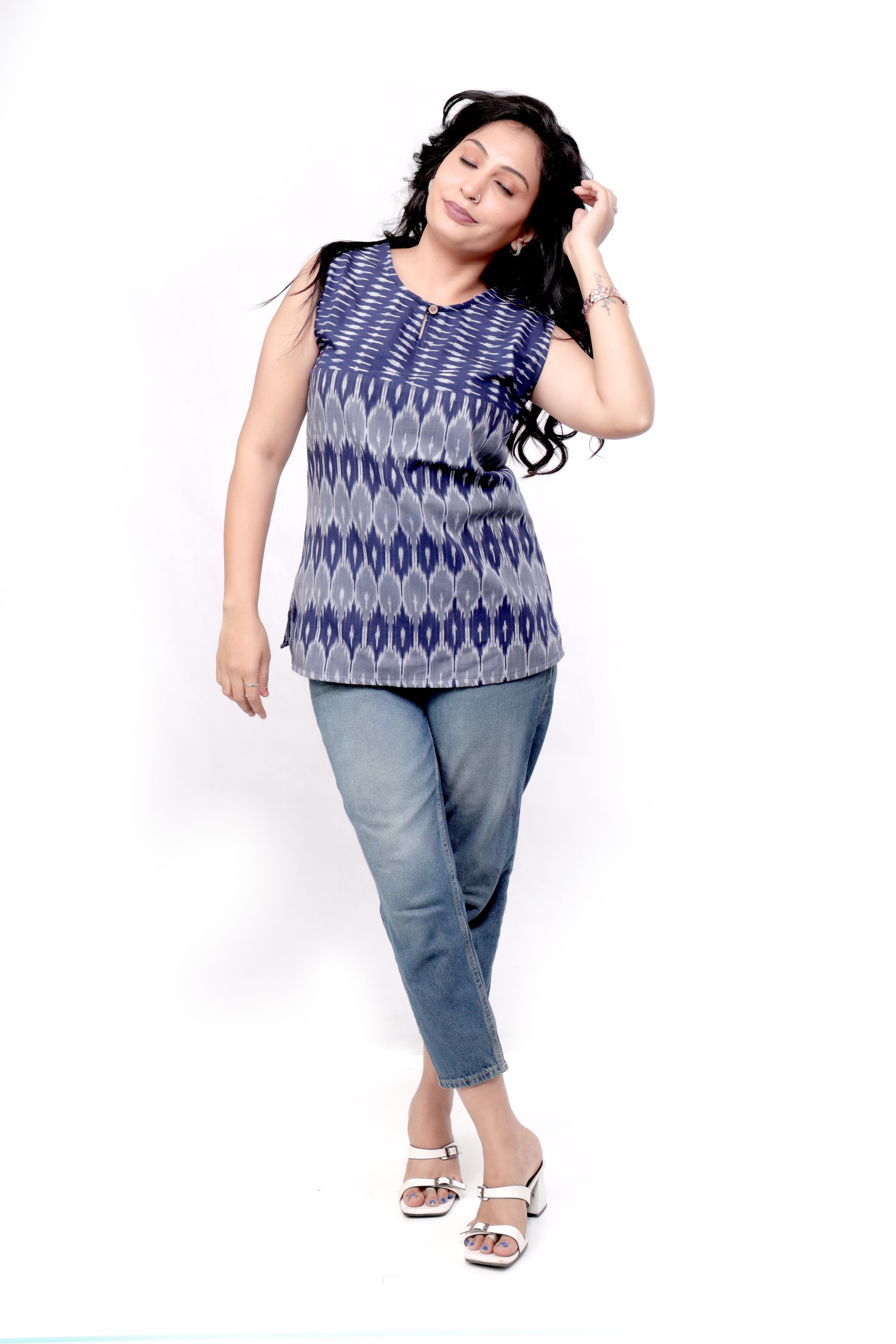 Woven Ikat Cotton Sleeveless Top - Navy Blue
