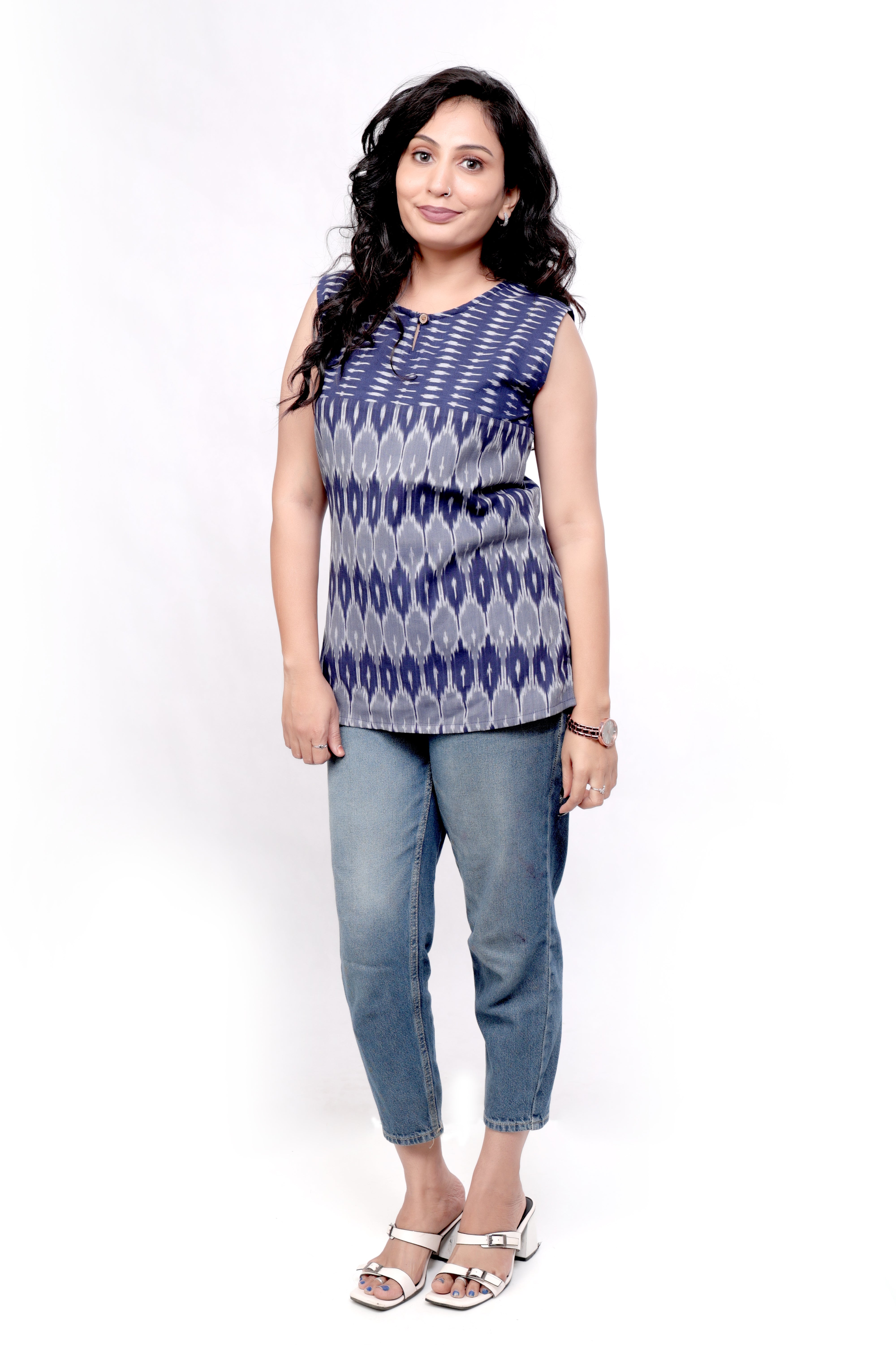 Woven Ikat Cotton Sleeveless Top - Navy Blue
