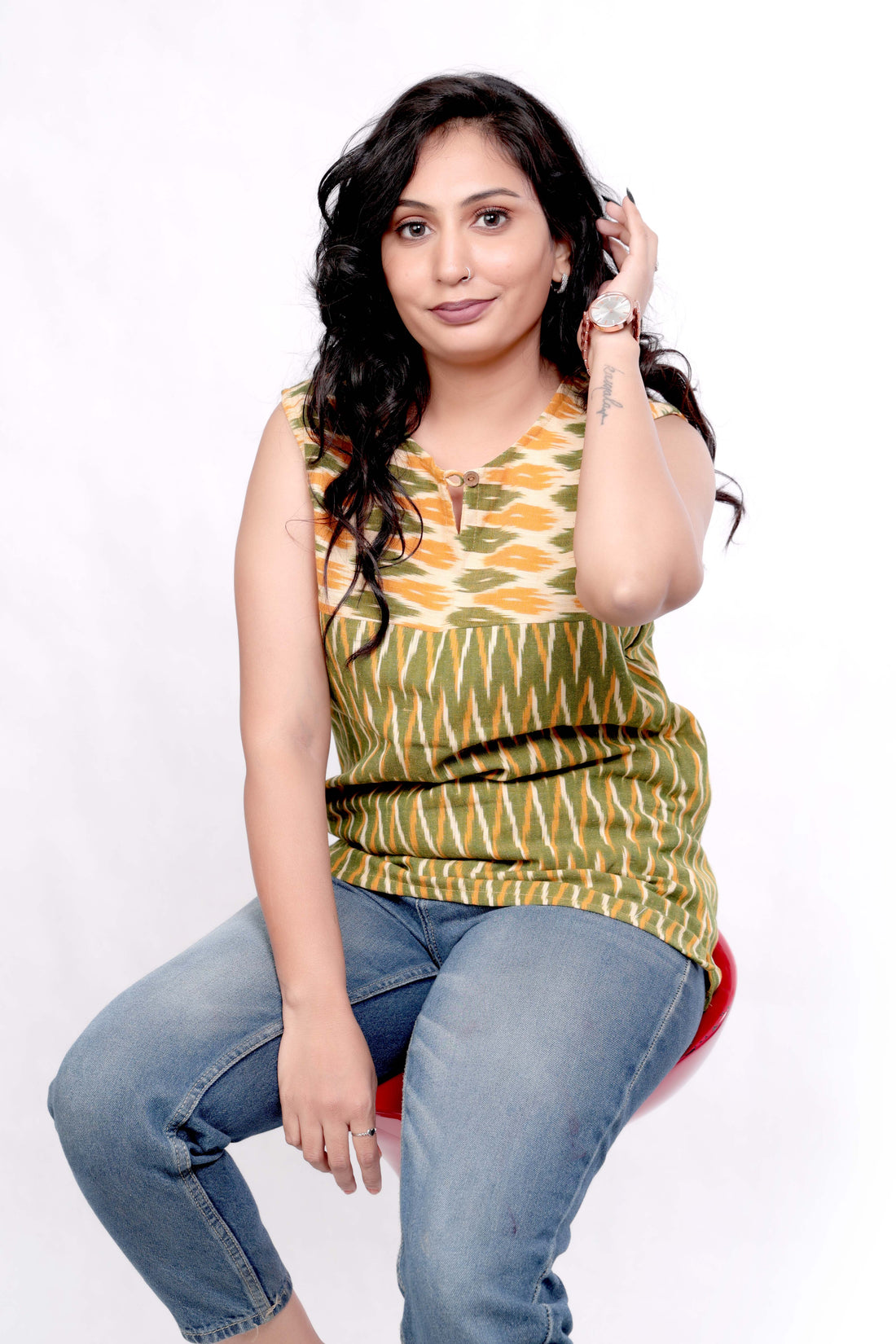 Woven Ikat Cotton Sleeveless Top - Green and Yellow