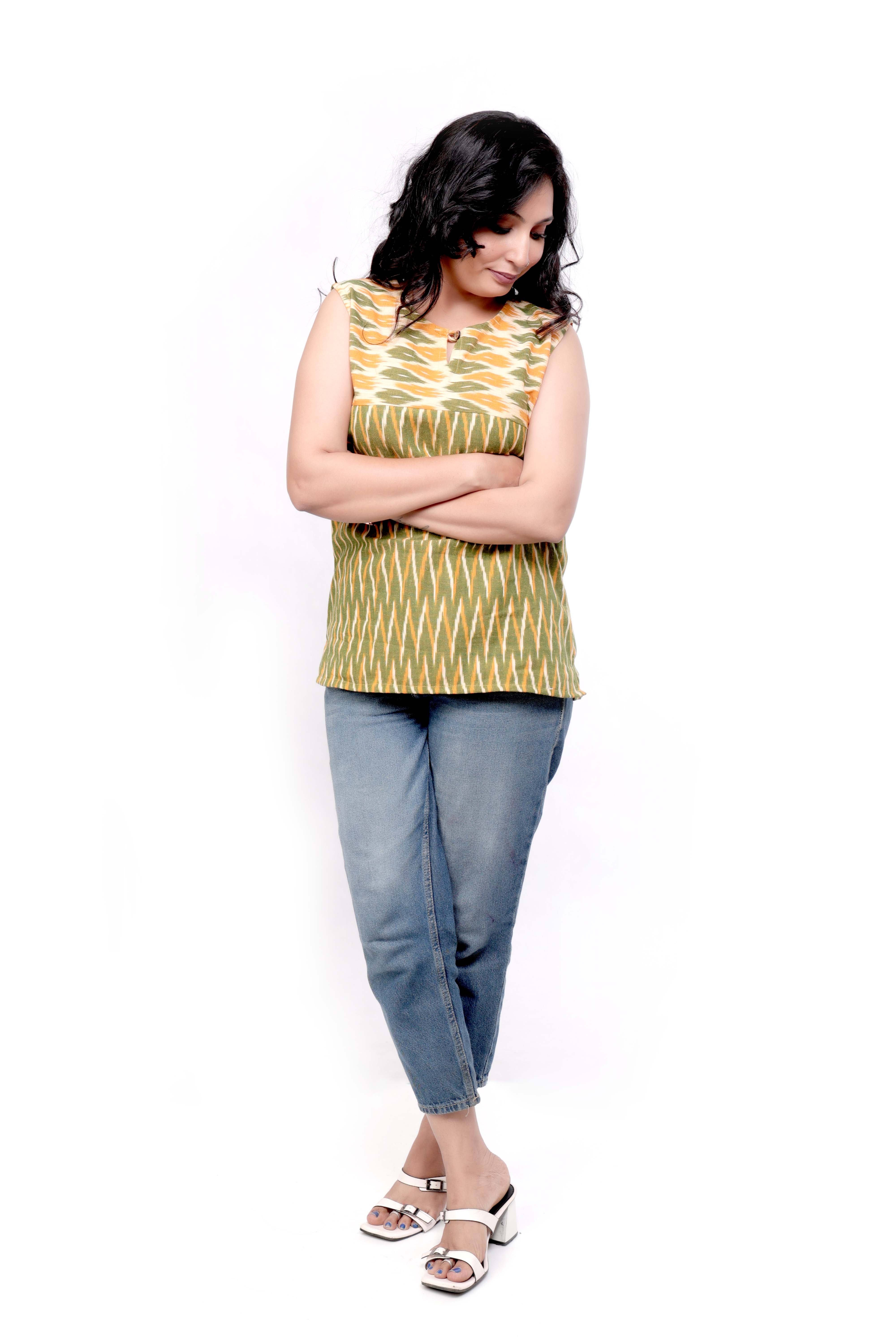 Woven Ikat Cotton Sleeveless Top - Green and Yellow