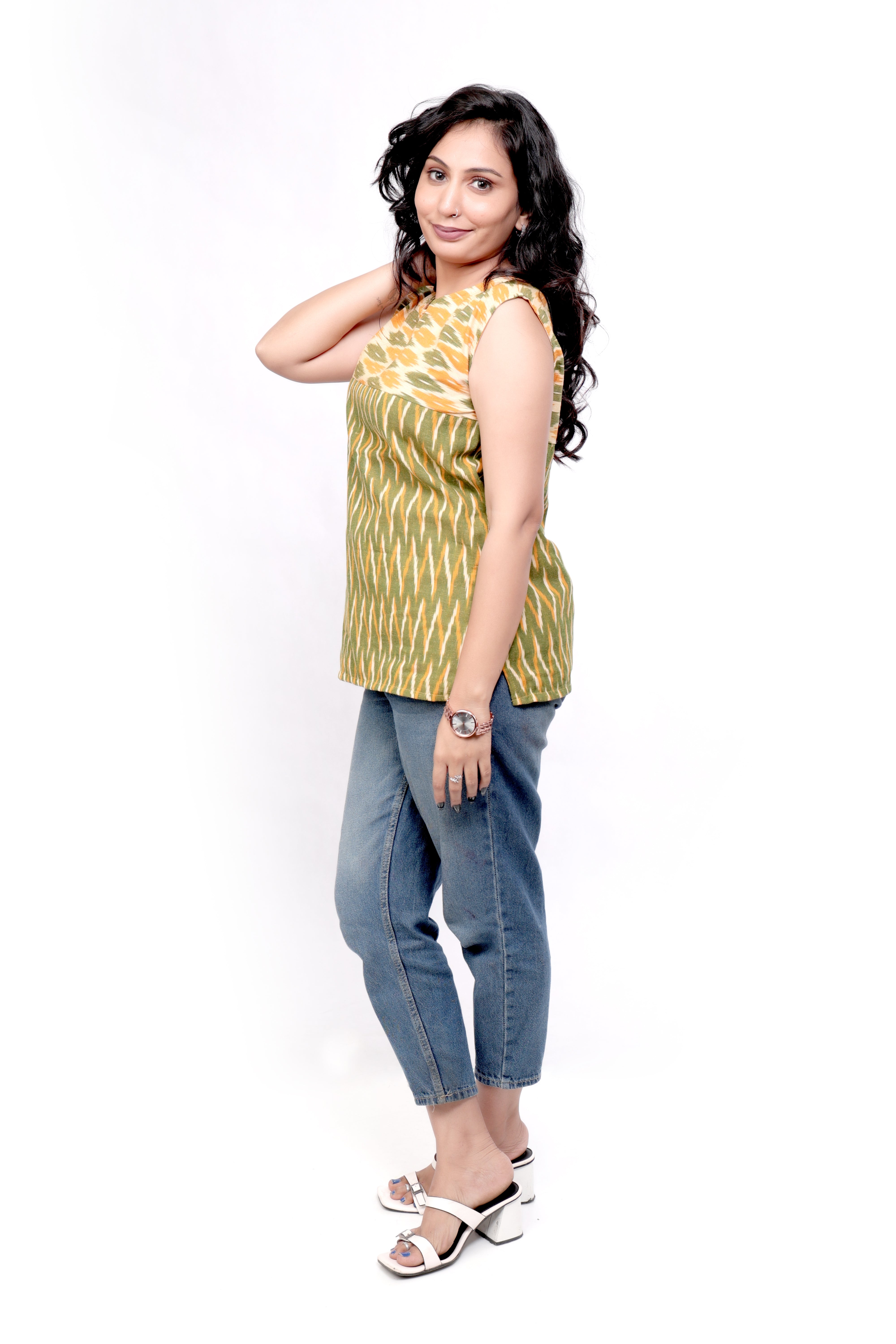 Woven Ikat Cotton Sleeveless Top - Green and Yellow