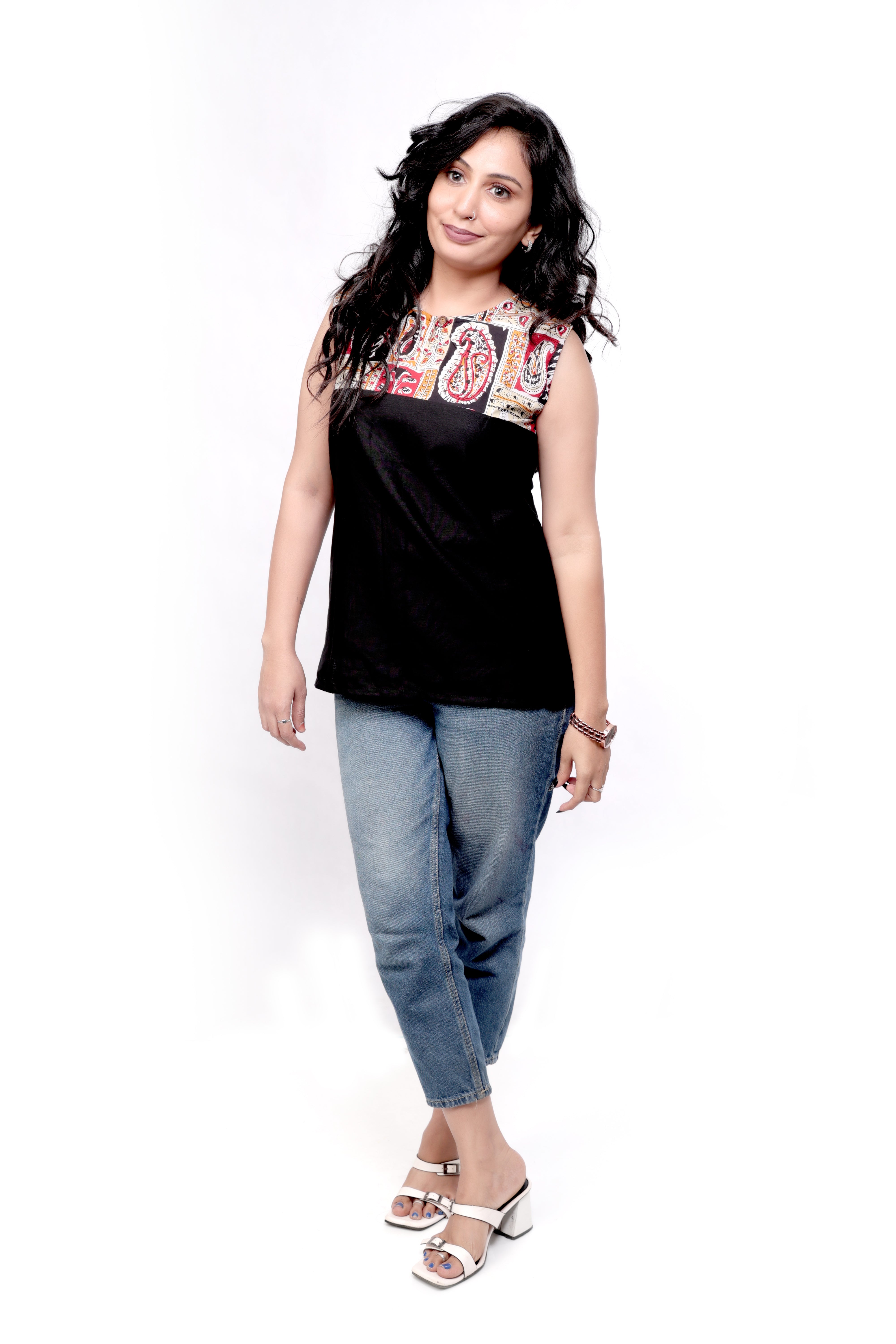 Plain with Printed Cotton Sleeveless Top - Black and Multi-colour