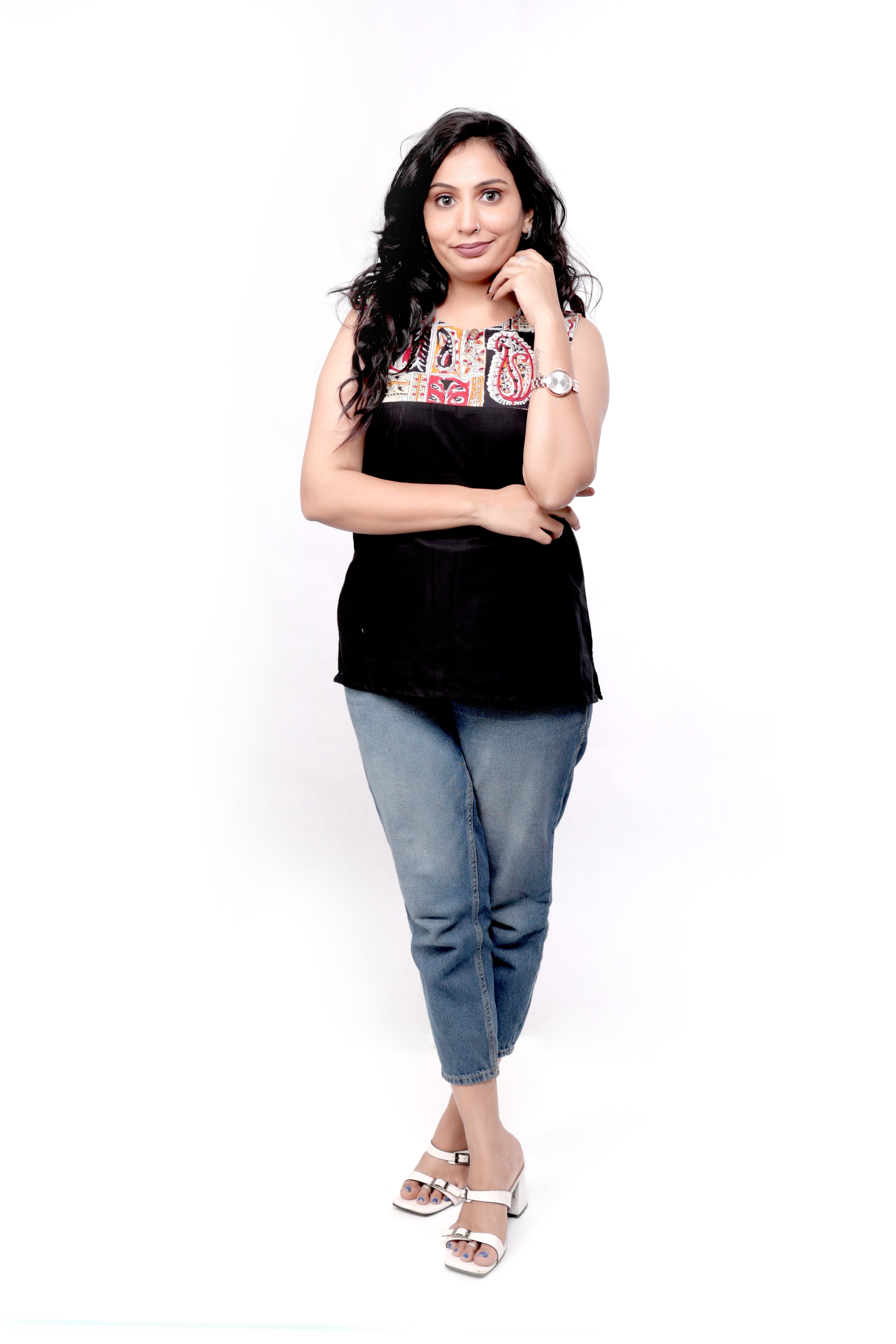 Plain with Printed Cotton Sleeveless Top - Black and Multi-colour
