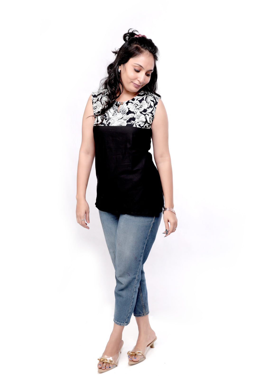 Plain with Printed Cotton Sleeveless Top - Black and White