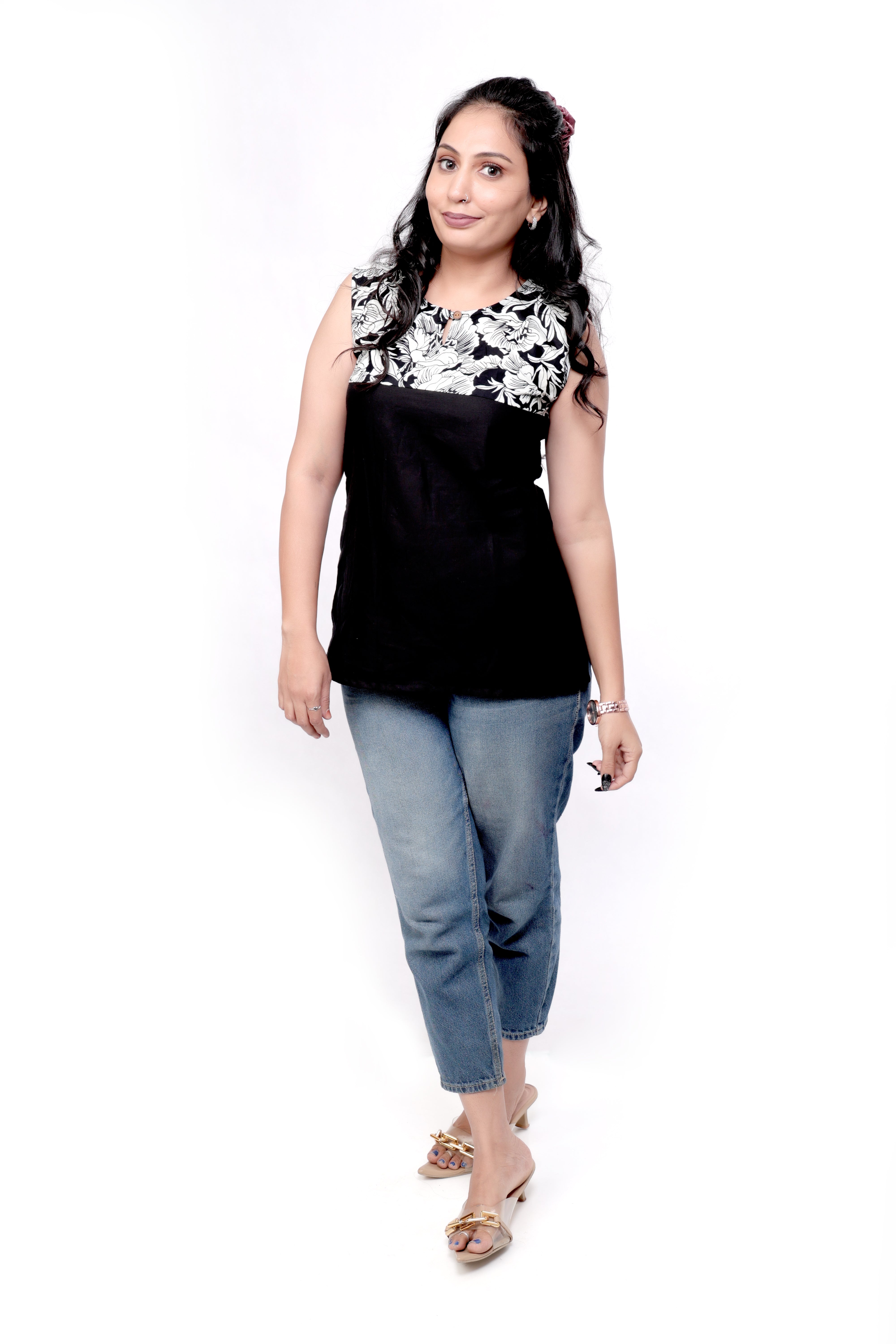 Plain with Printed Cotton Sleeveless Top - Black and White