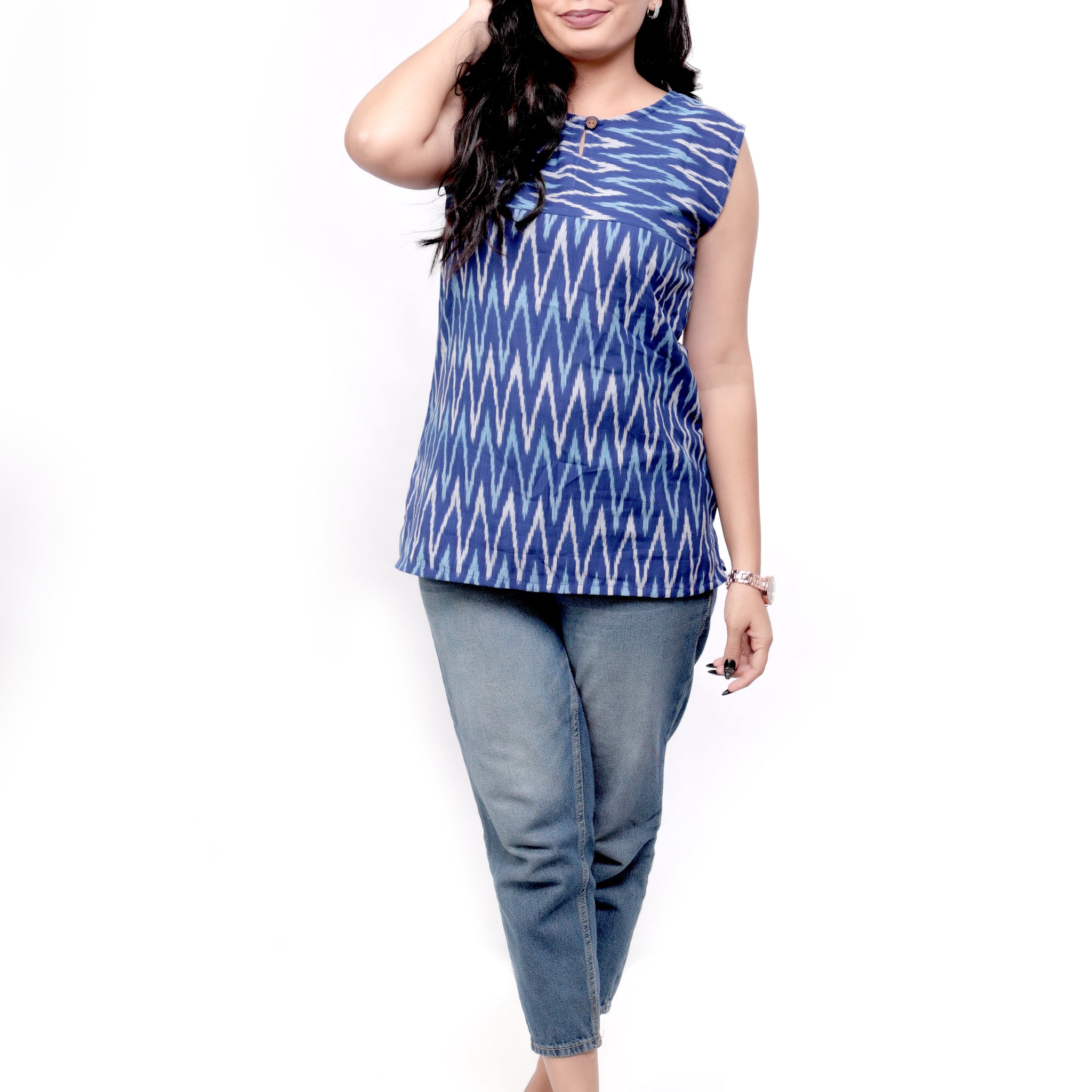 Woven Ikat Cotton Sleeveless Top - Ink Blue