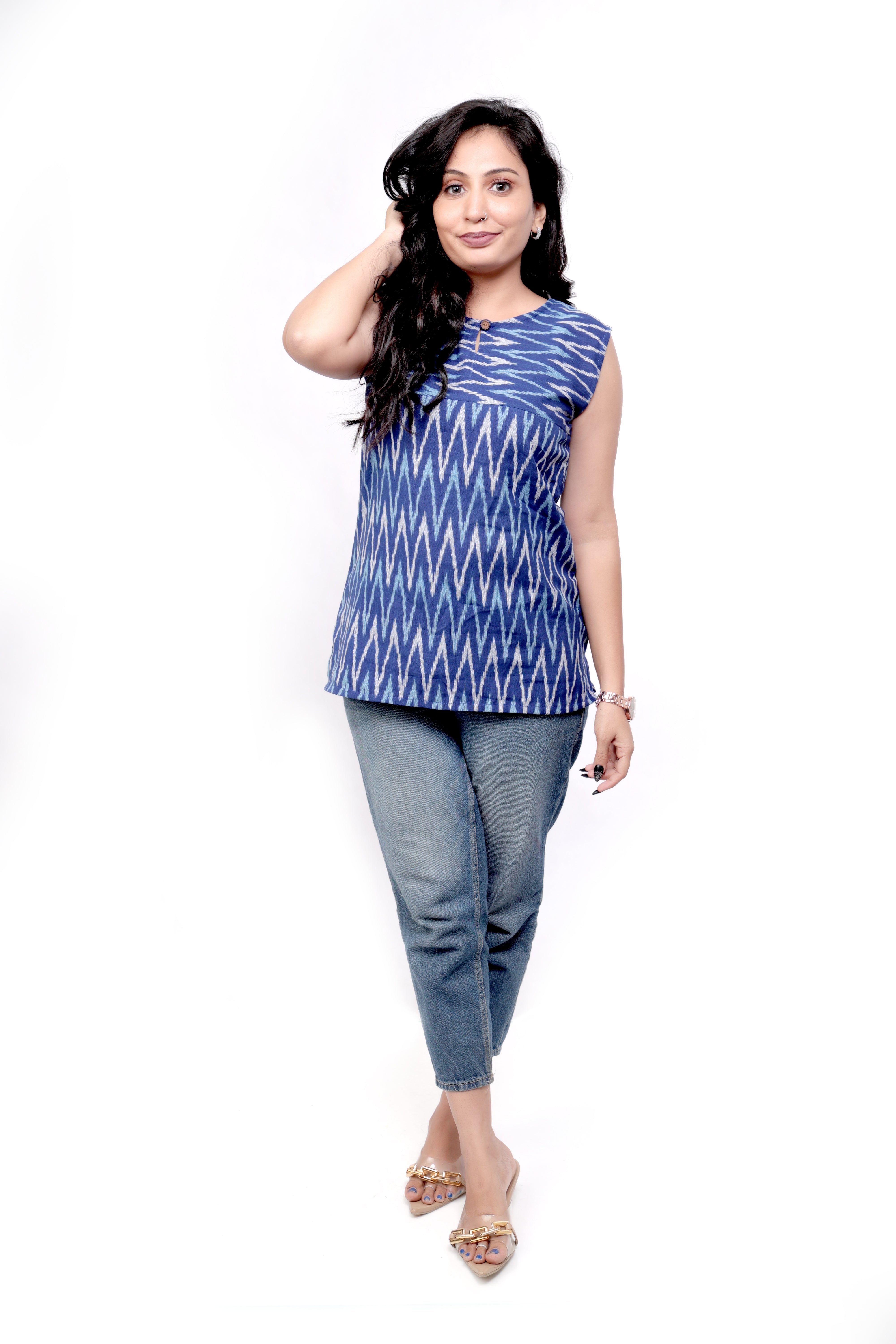 Woven Ikat Cotton Sleeveless Top - Ink Blue
