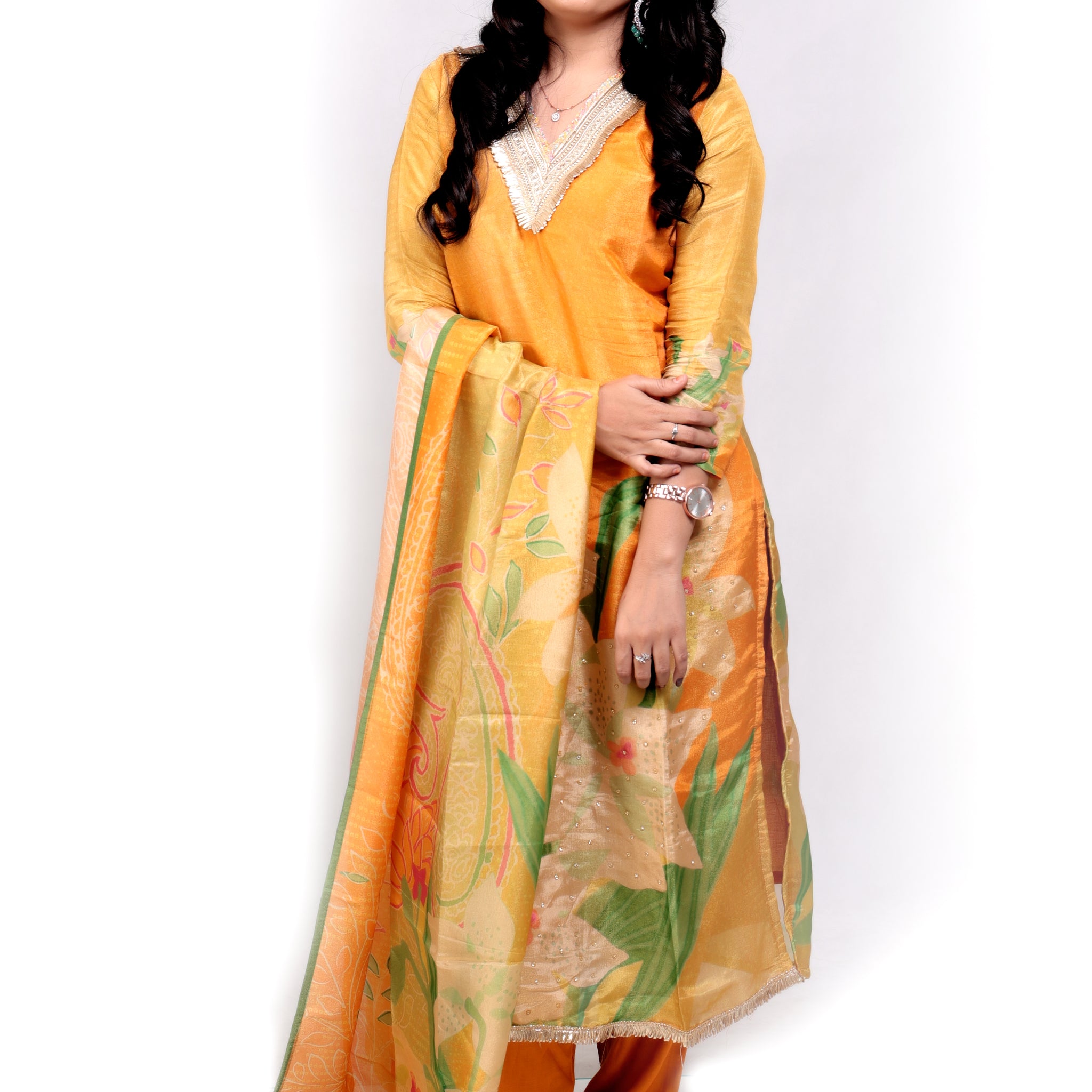 Floral Tissue Salwar Set - Orangish Yellow