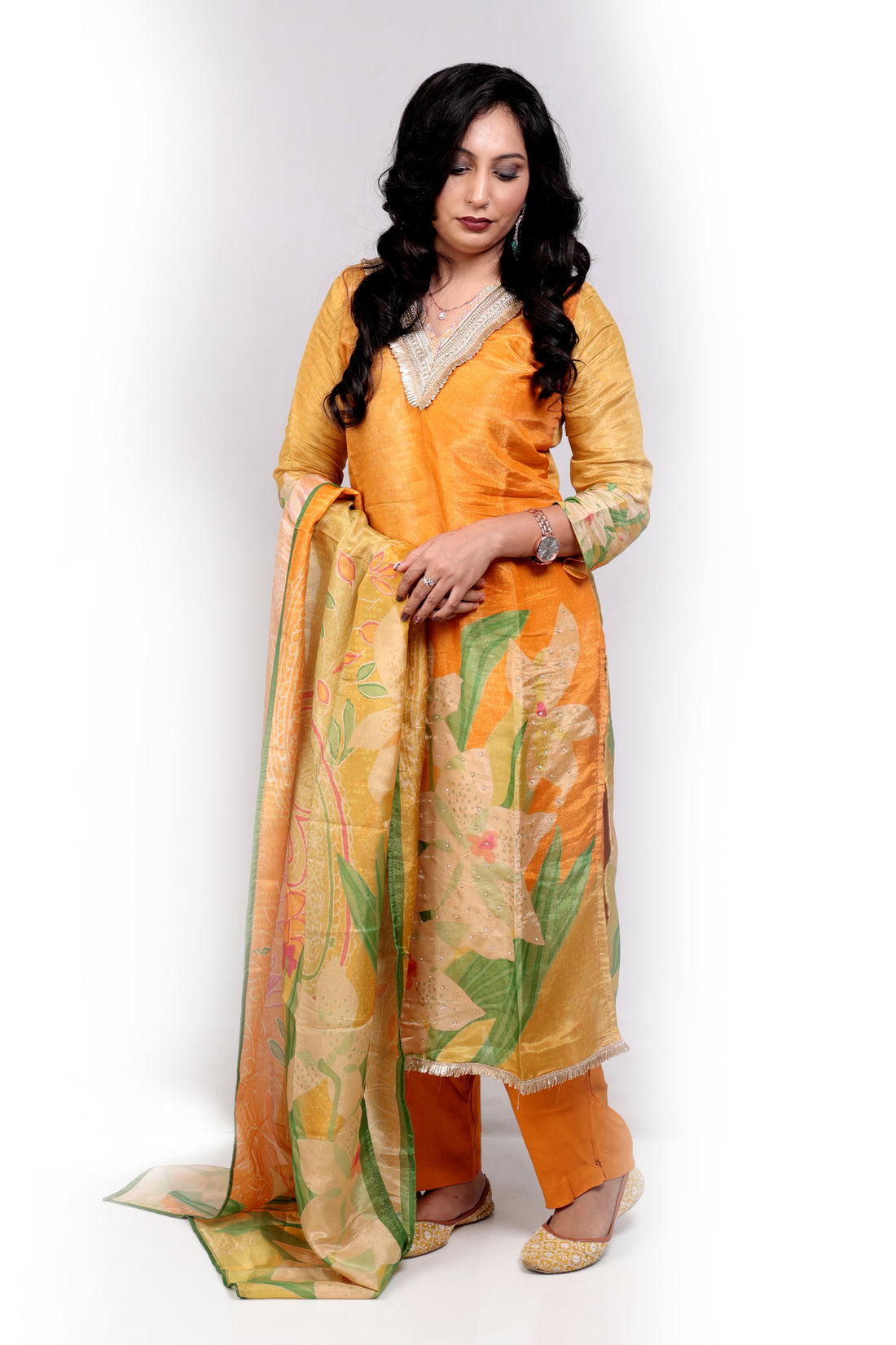 Floral Tissue Salwar Set - Orangish Yellow