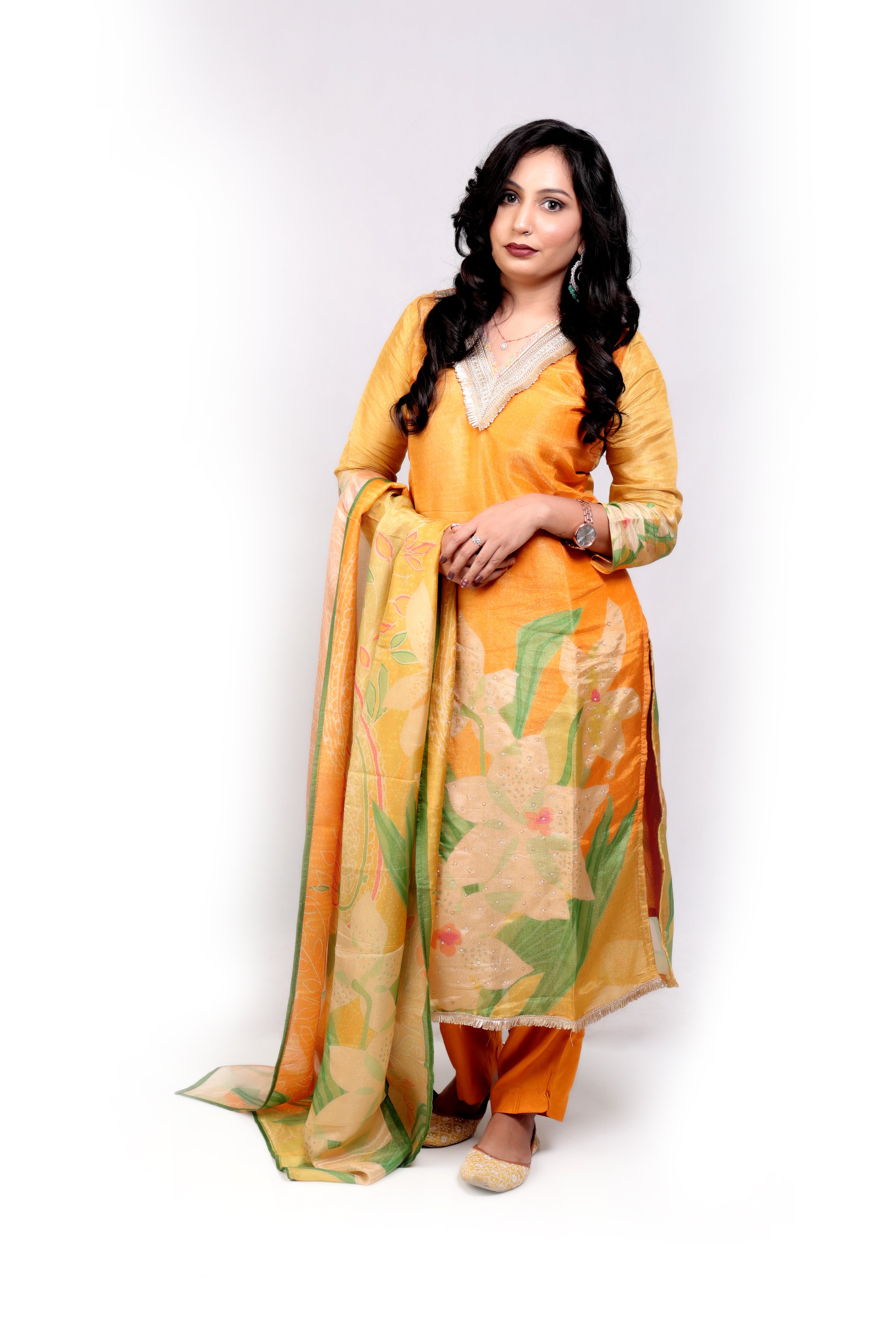 Floral Tissue Salwar Set - Orangish Yellow