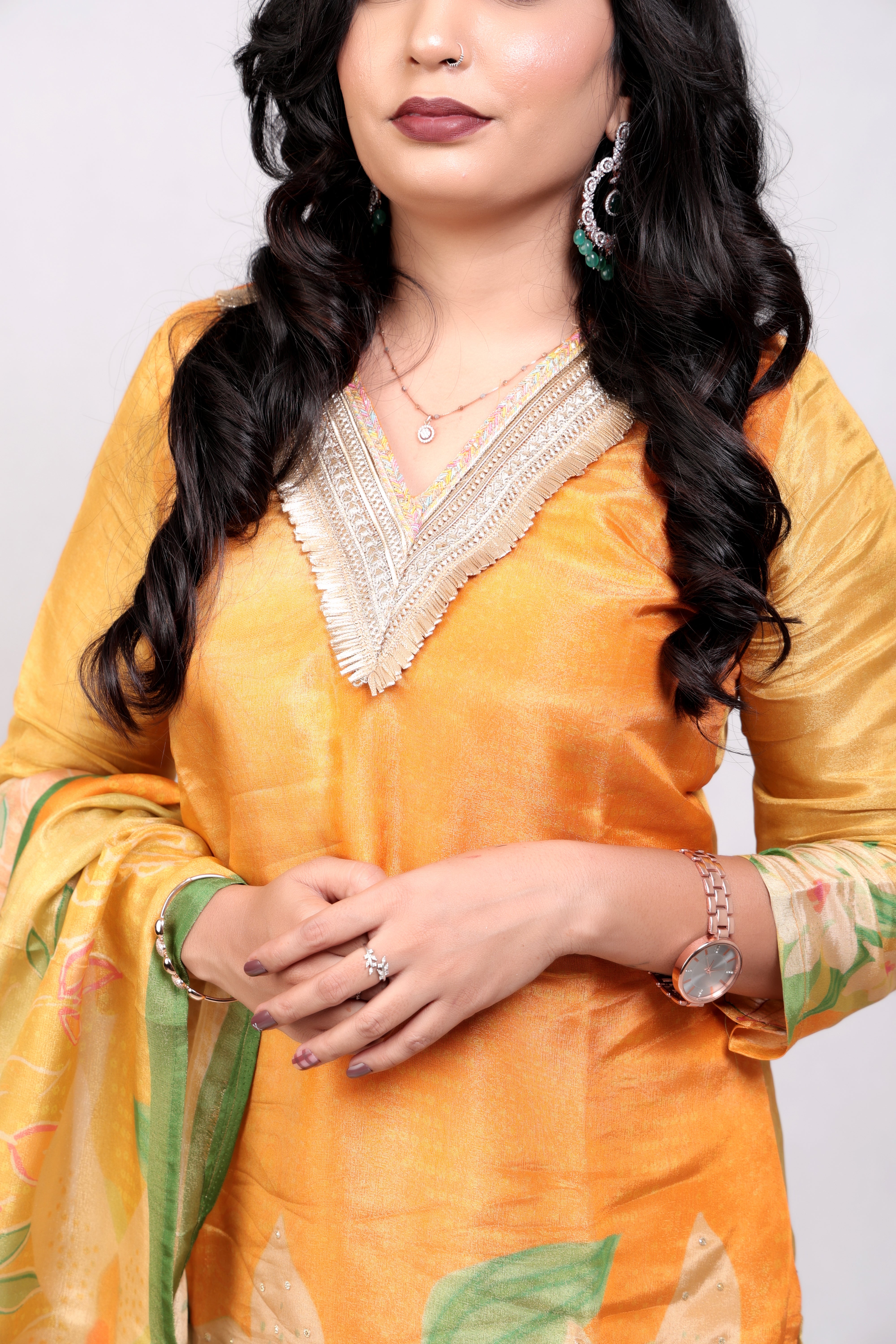 Floral Tissue Salwar Set - Orangish Yellow