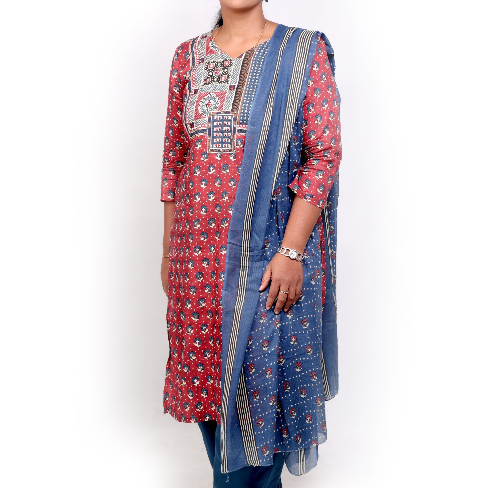 Ajrakh Cotton Salwar Set - Maroon and Blue