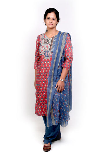 Ajrakh Cotton Salwar Set - Maroon and Blue